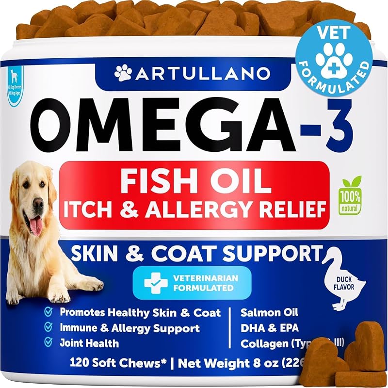 Suplemento de Ômega 3 para Cães com Óleo de Salmão, Colágeno e Biotina Artullano – 120 Mastigáveis