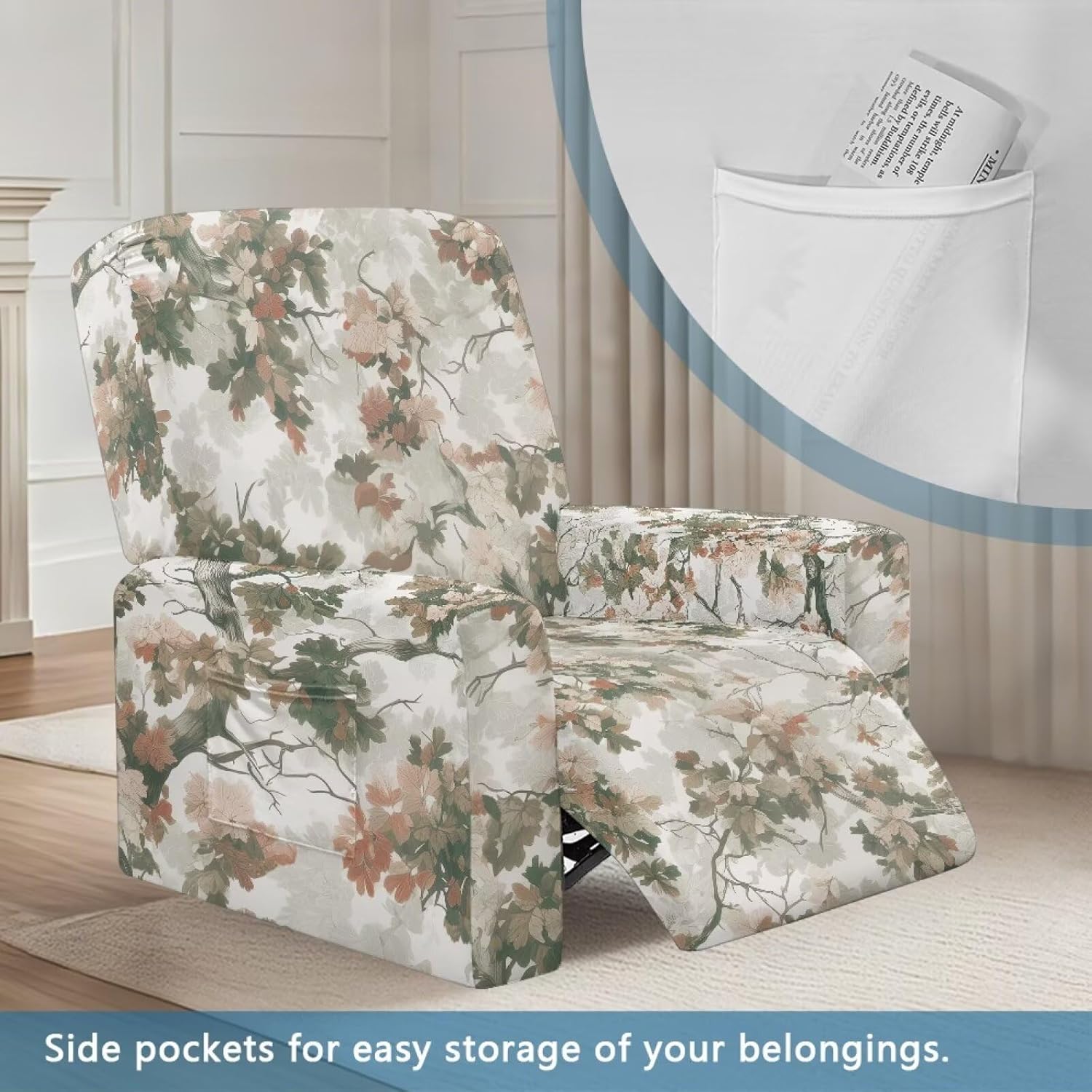 FOR U DESIGNS Branch Recliner Chair Covers 4-Piece Elastic Sofa Slipcover Stay in Place with Side Pockets Universal Fit Washable Scratch Proof Chew Resistant