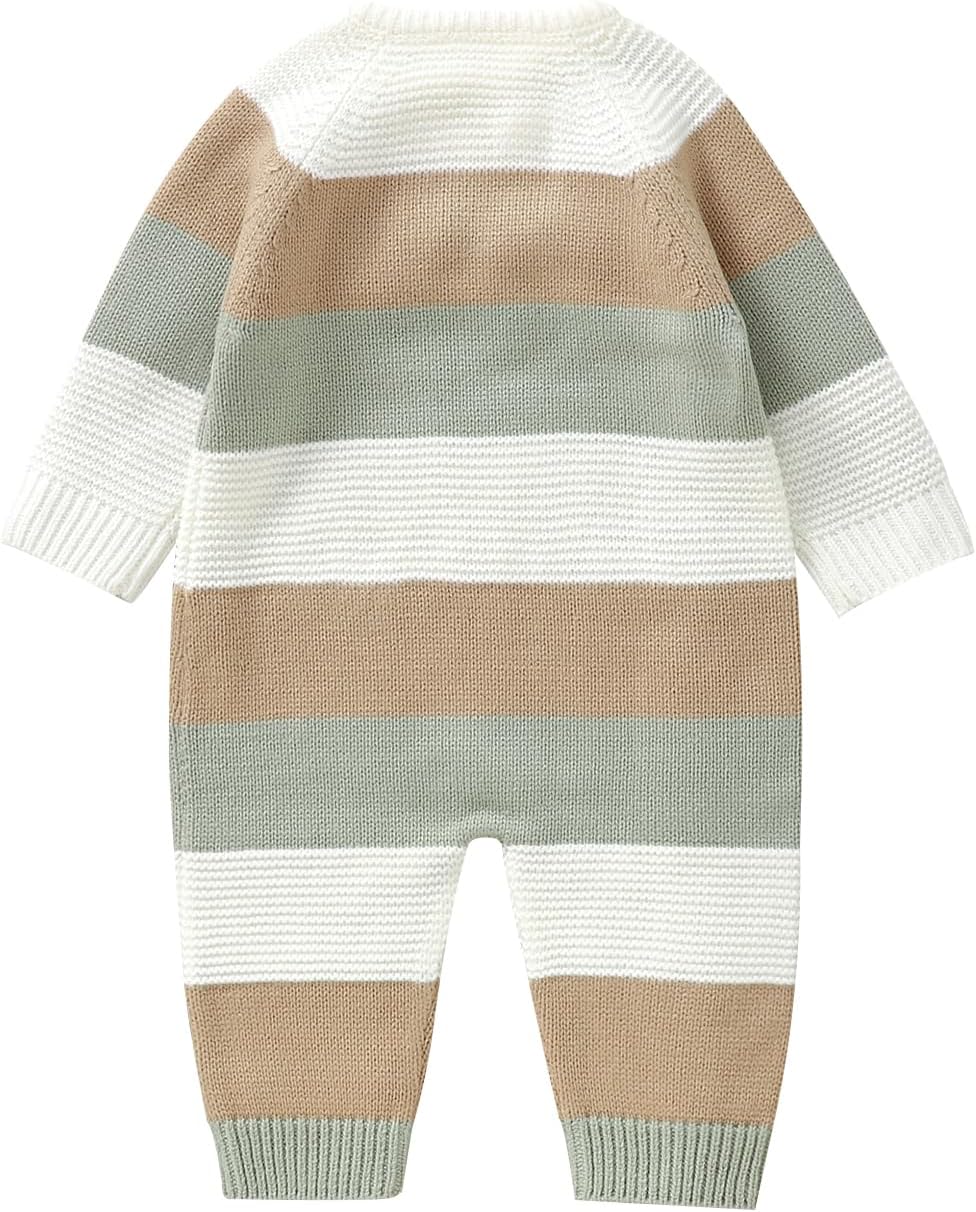 Newborn Girl Boy Striped Sweater Romper Fall Long Sleeve Full Length Playsuit Winter Warm Button Up Knitted Jumpsuit - Image 2