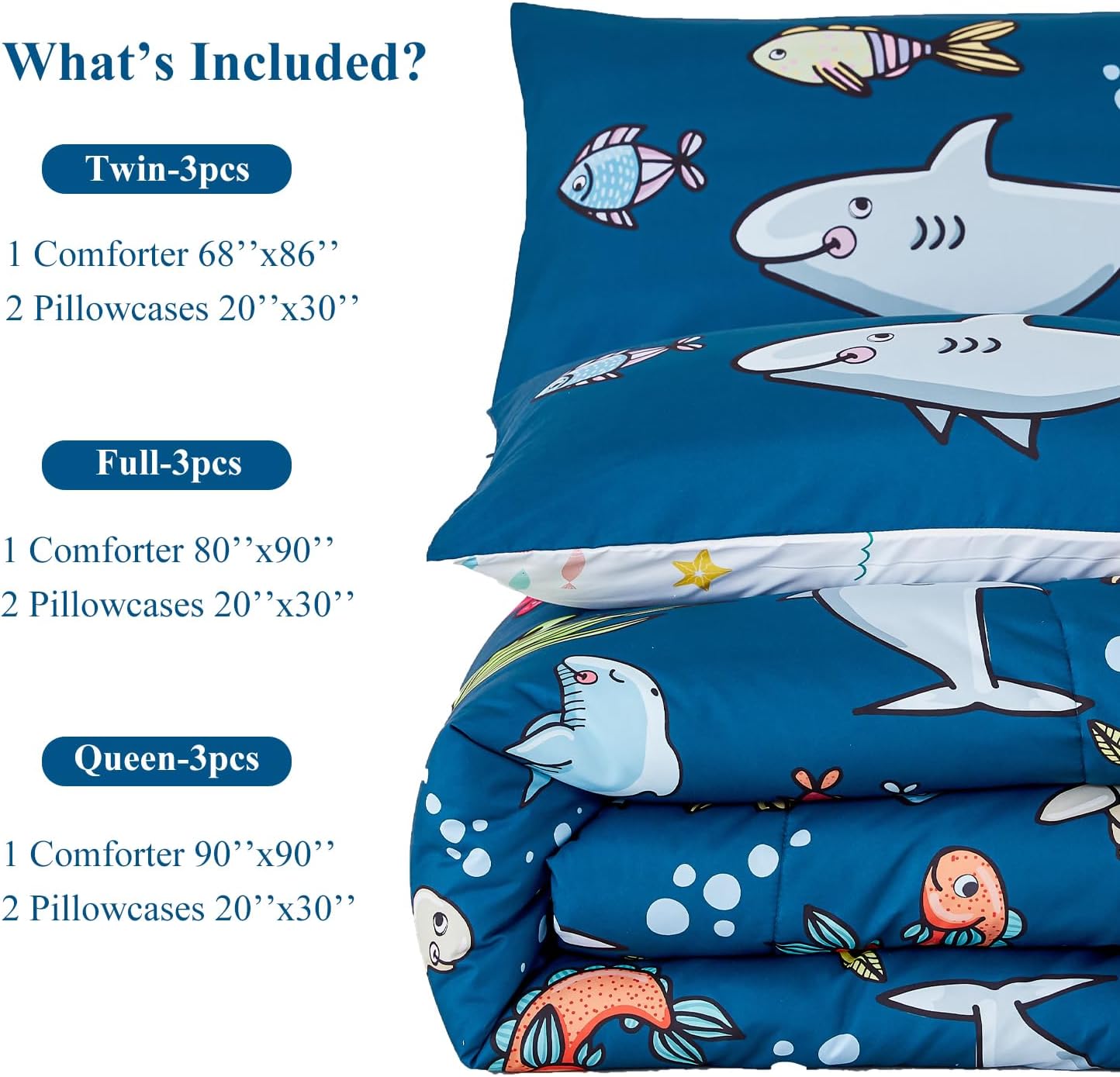 WINLIFE Kids Comforter Set for Boys Twin Size Ocean Themed Bedding Set Sea Creature Shark Printed Soft Lightweight Reversible Teen Boy Comforter Sets (3-Pieces, Navy Blue) - Image 6