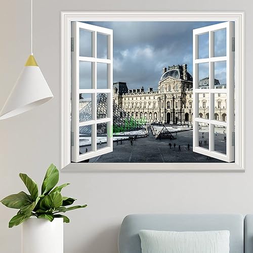 Calcomanías 3D de pared para ventana, con vistas al Louvre, París, Francia, París, Francia, decoración artística para sala de estar, paredes del