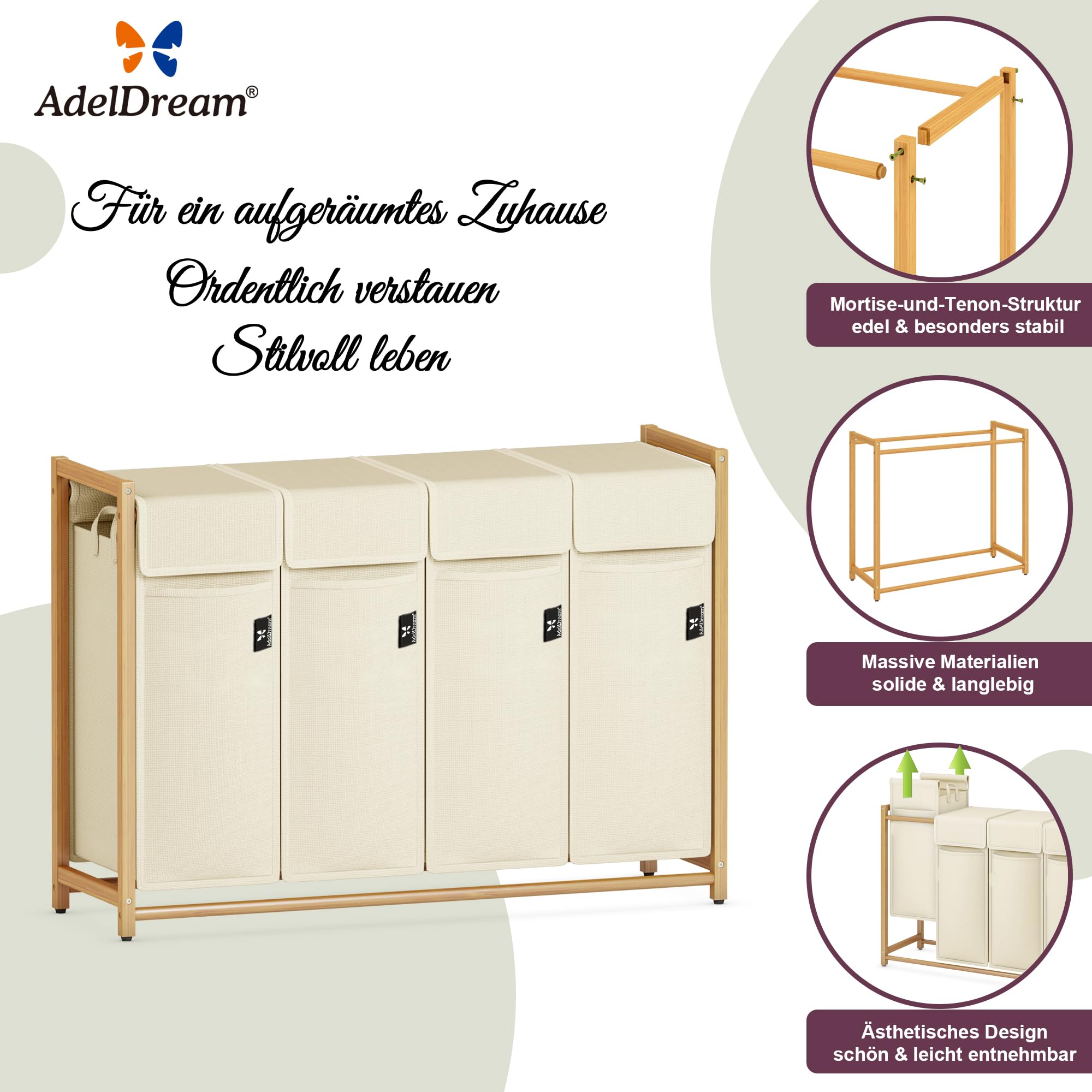AdelDream Cesto de ropa clasificador de ropa con ruedas 4 compartimentos carro de lavandería con bolsas desmontables recolector de ropa bambú 200L color beige | Clasificador de ropa sucia 4 x 50L, bolsa extraíble, transpirable, beige