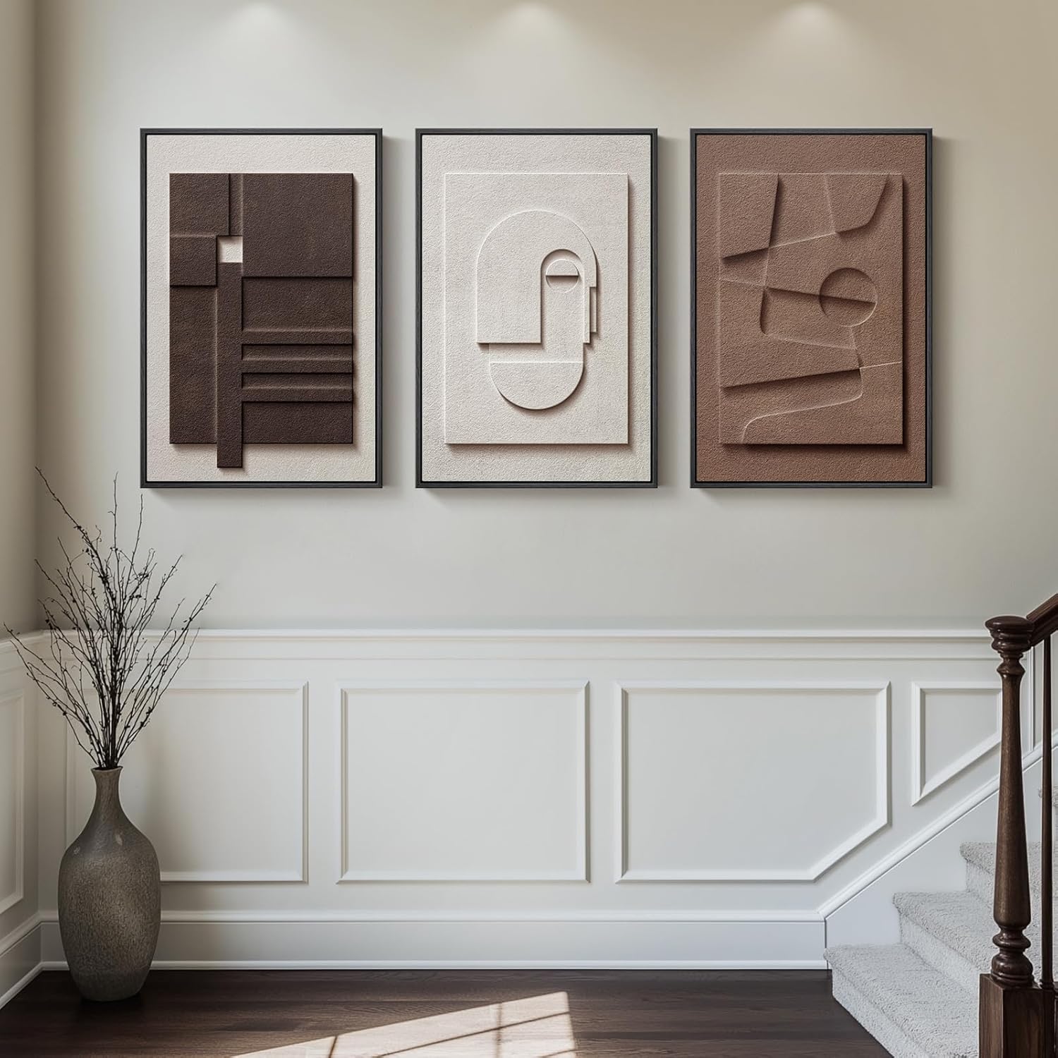 3D Textured Framed Neutral Abstract Wall Art for Bedroom, 3 Piece Modern Artwork for Walls, Minimalist White and Brown Geometric Wall Paintings for Living Room, Dining Room, Lounge Wall Decor 16x24 In