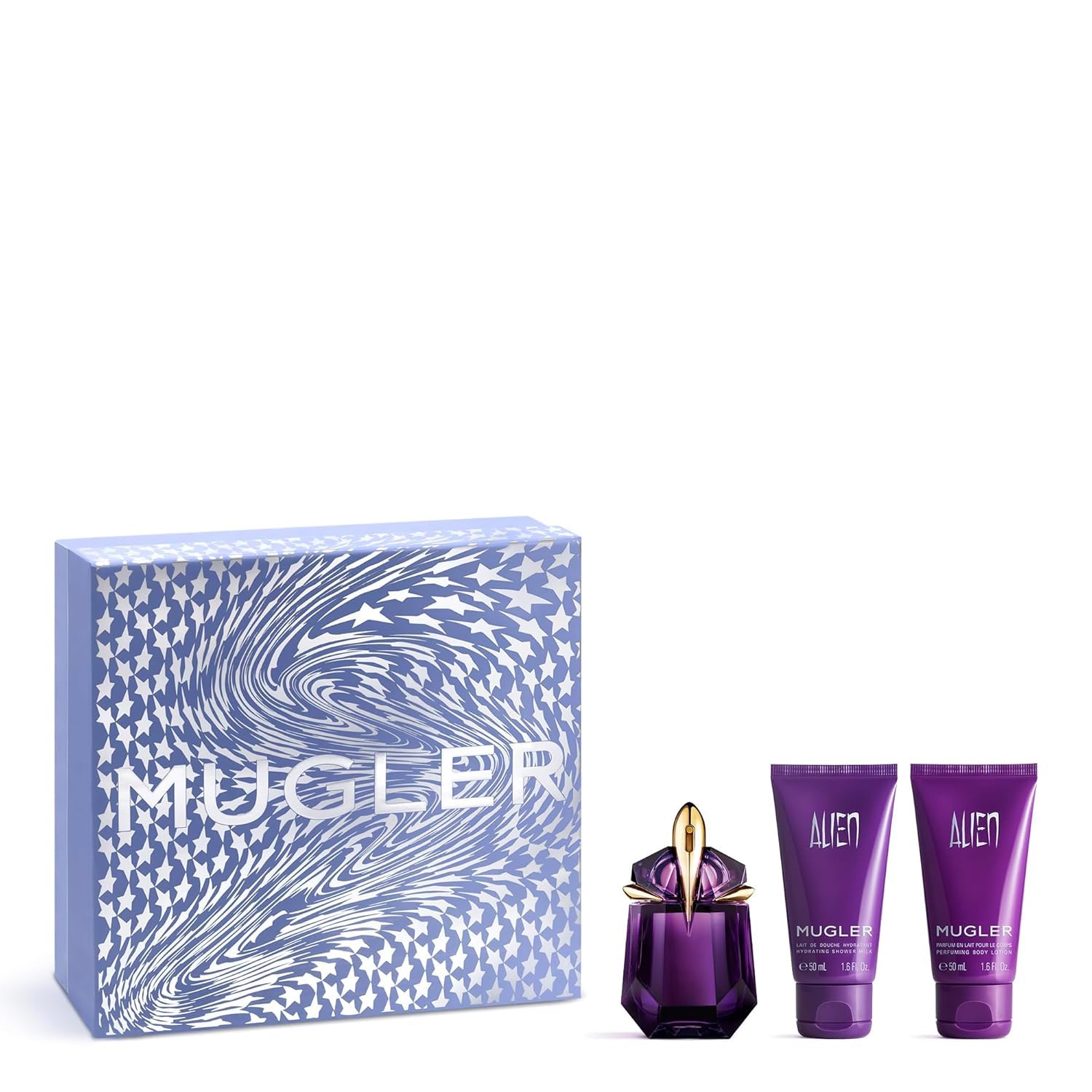 Mugler Alien Set, Eau de Parfum 30 ml + Shower Milk 50 ml + Parfümierende Bodylotion 50 ml, Damen-Parfum, Amberartig, holzig und blumig, Außergewöhnlicher Duft