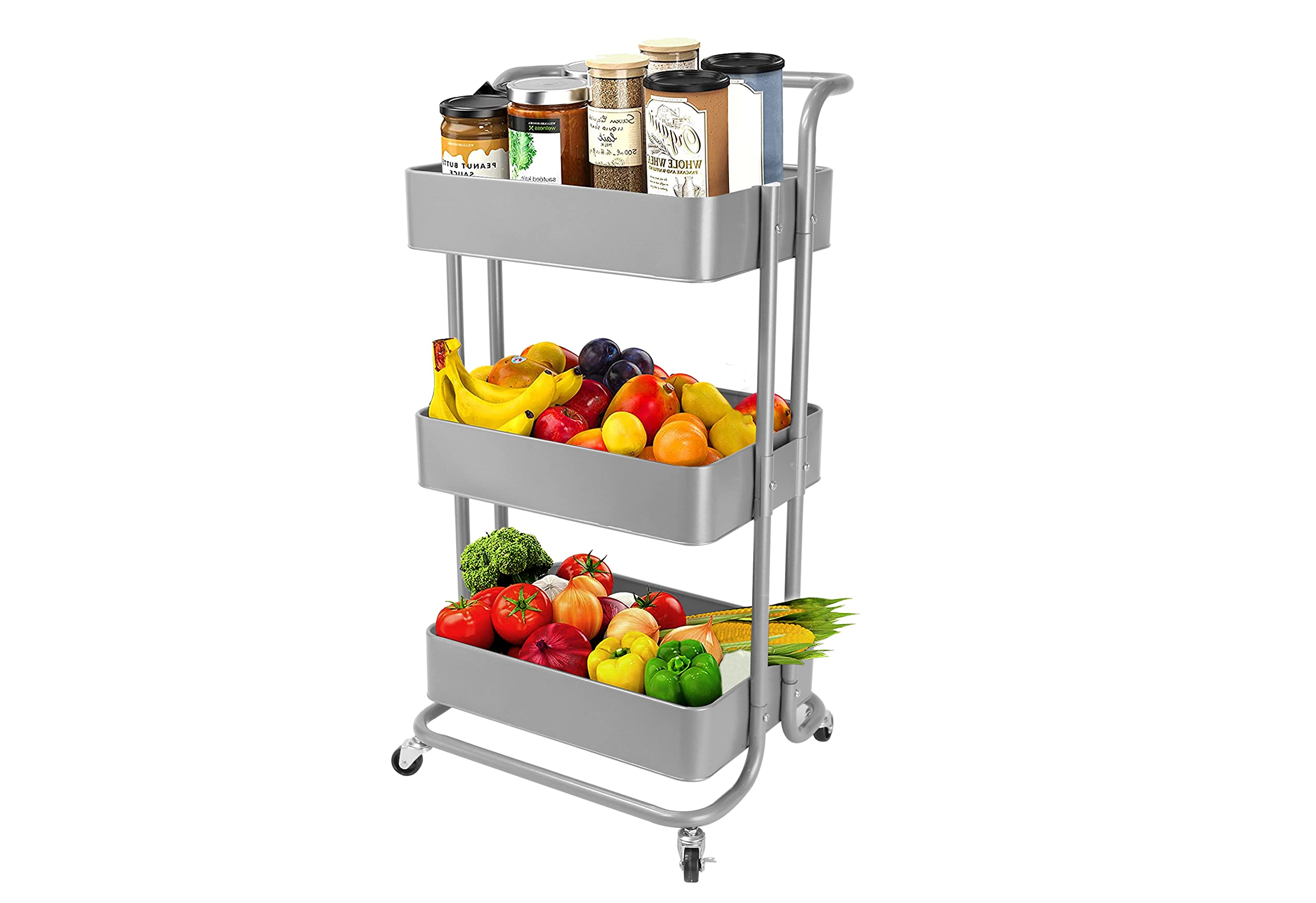 ECHTWERK Carro de Servicio móvil para Cocina/baño/Oficina con 3 Niveles, Carro de Cocina con cajones, Carro de Herramientas, Carro de artesanía, con asa de Empuje, Silver-Edition, 43 x 32 x 86 cm