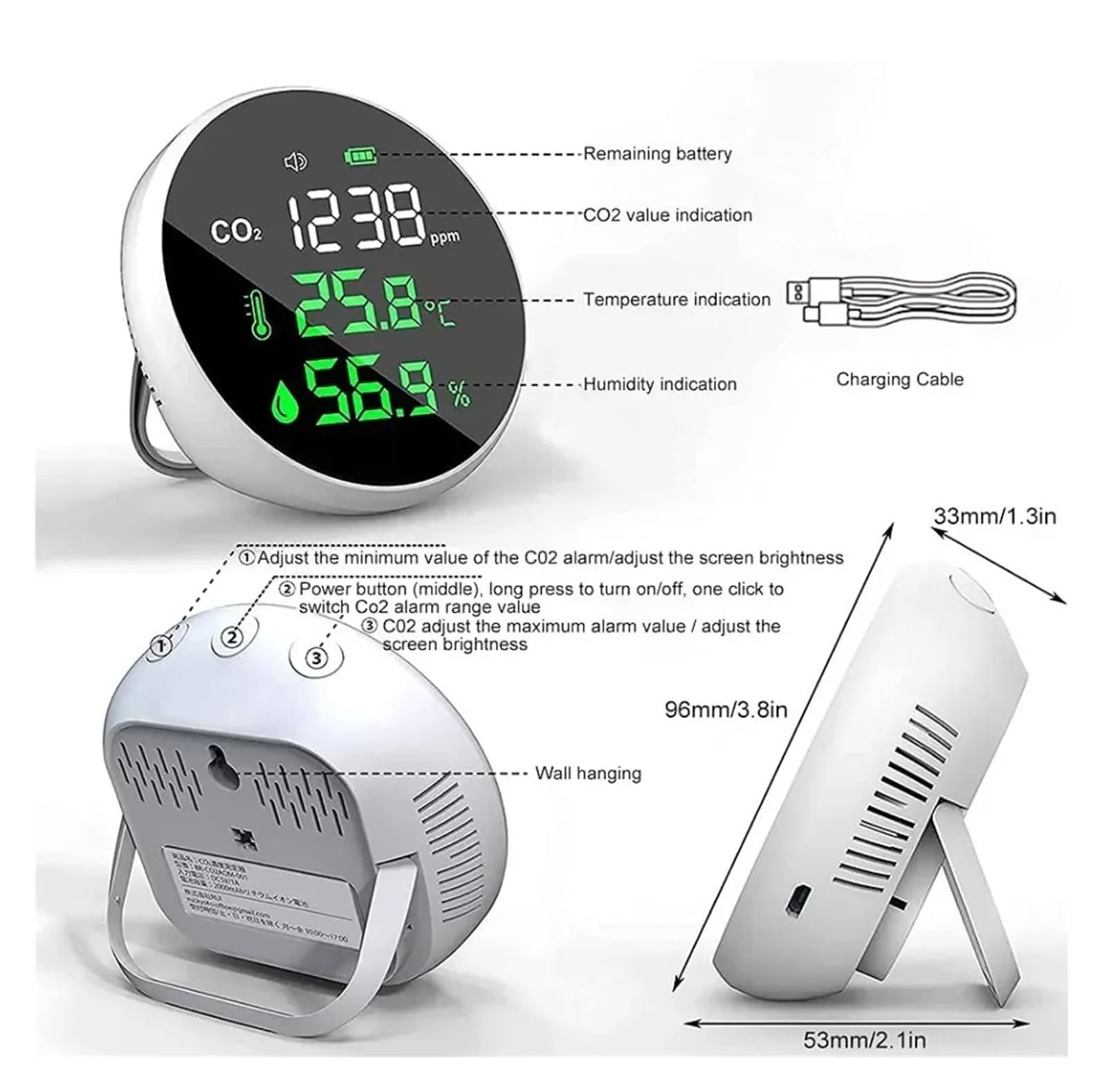 Mini Detector de CO2 de Escritorio con Pantalla LED, termómetro e higrómetro for la Calidad del Aire en casa y autocaravanas. Fechas en Tiempo Real