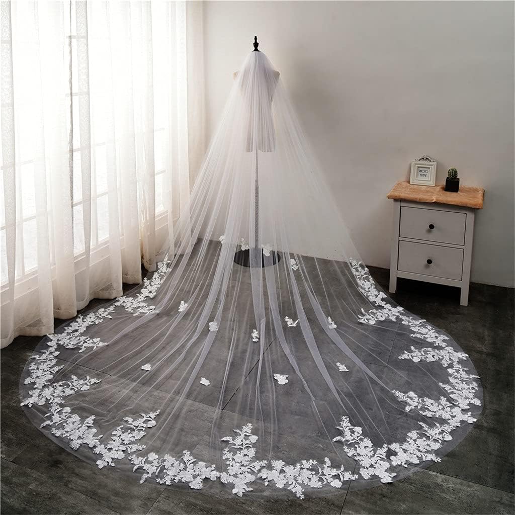 N/A White Bridal Veil with Comb, Long Lace Border Flower Cathedral Bridal Veil with