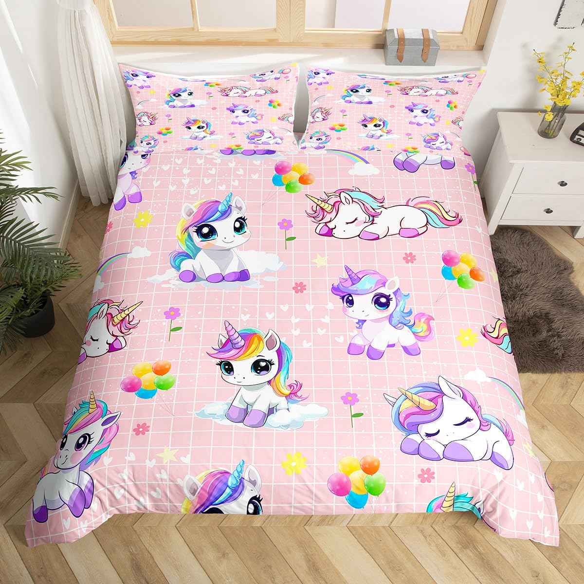 Housse de couette licorne lit simple avec patchwork géométrique fille