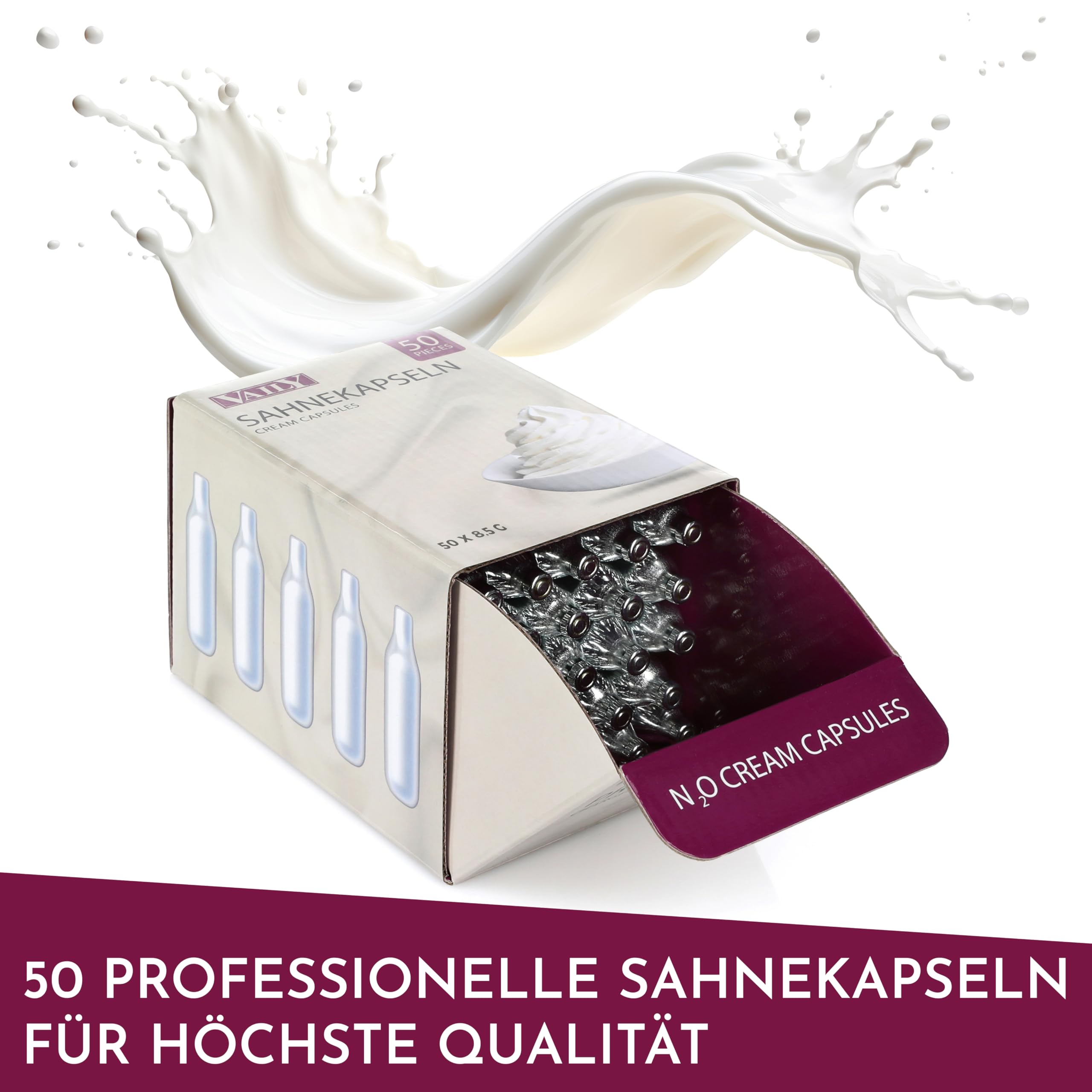 Vaily Capsule di Panna - Capsule N2O per distributori di Panna e sifoni per Panna - per preparare Facilmente Panna, Spume, zuppe e Altro Ancora (050 Pezzi)