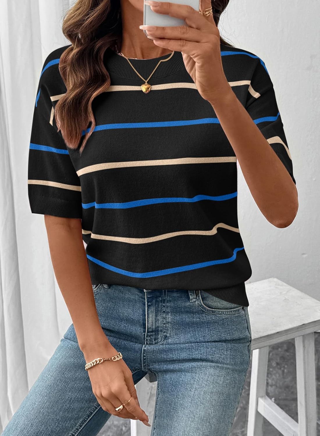 SHEWIN Womens Tops Crewneck Short Sleeve Sweater Pullover Knit Striped Shirt Spring Outfits for Women 2026 - Image 6