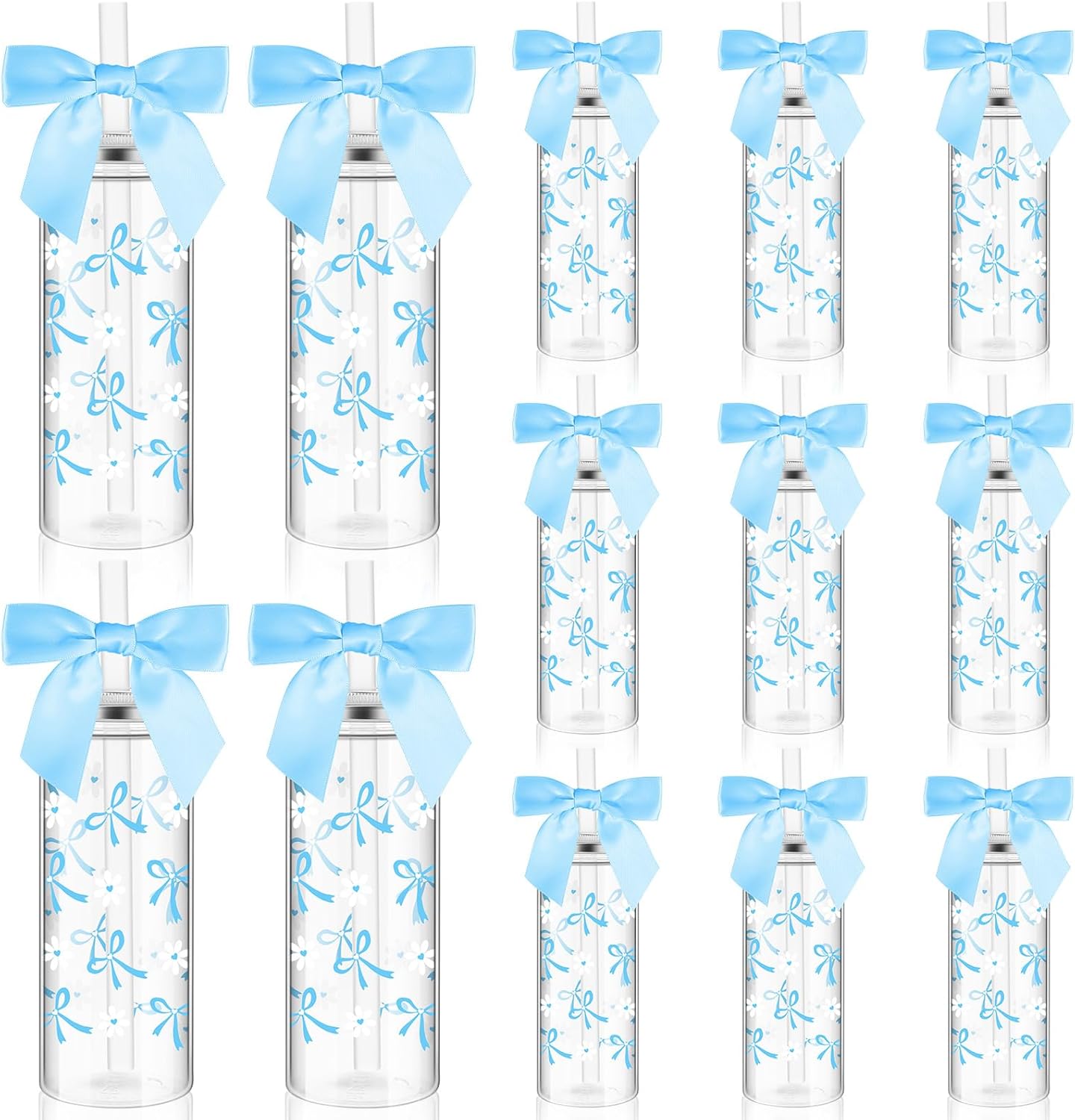 24 Pcs 14 oz Blue Bow Plastic Cups Reusable Coquette White Florets Aesthetic Cute Bottles with Lids and Straws with Ribbon Bow for Women Birthday Bridal Shower Wedding Gifts Party Supplies
