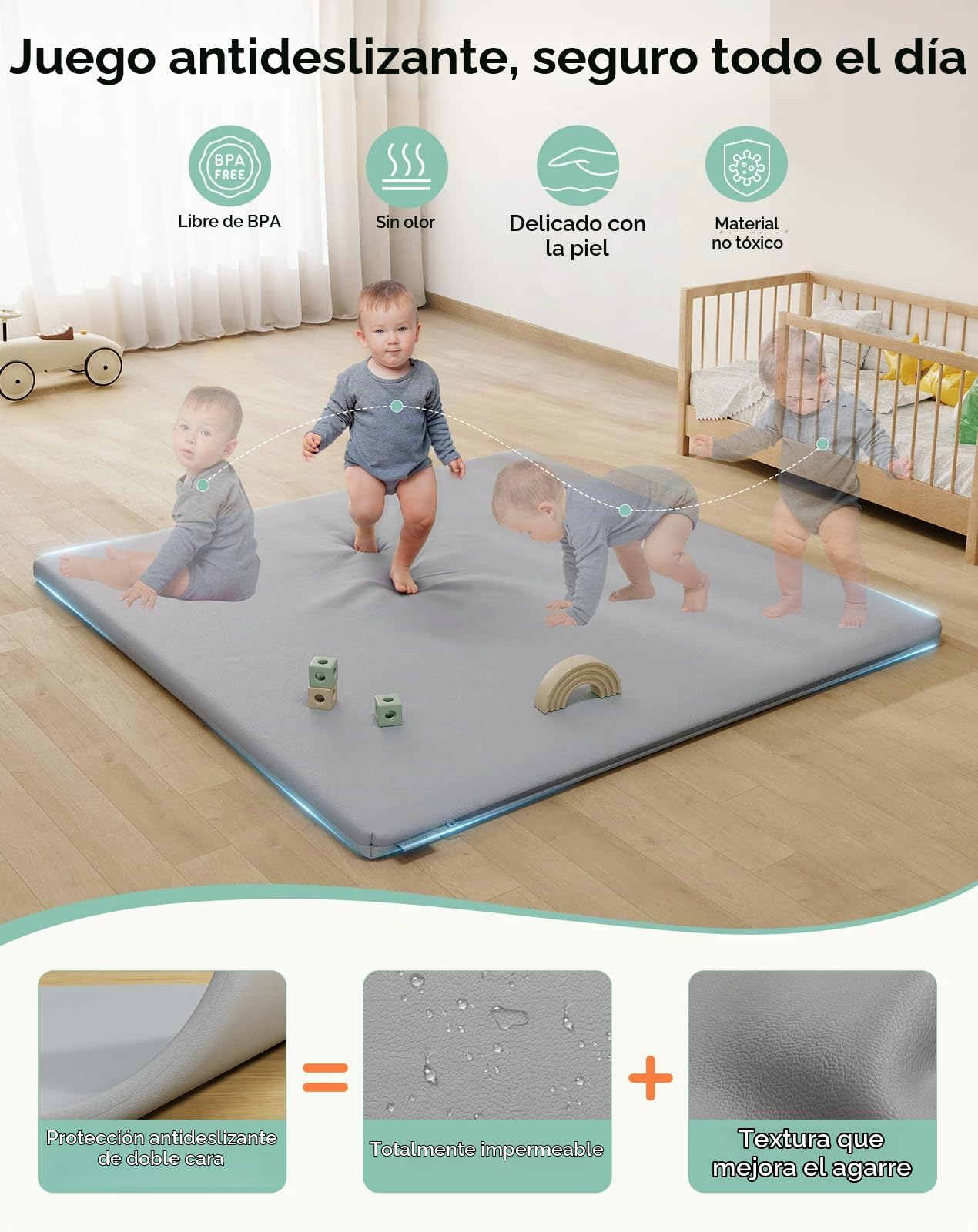 COMOMY Cuero Vegano Alfombra Bebe Acolchada Plegable, 127x127x3 cm Extra Grueso y Suave Colchoneta Bebe Suelo, Impermeable y No tóxico Tapete Bebe para Parque Infantil, Gris