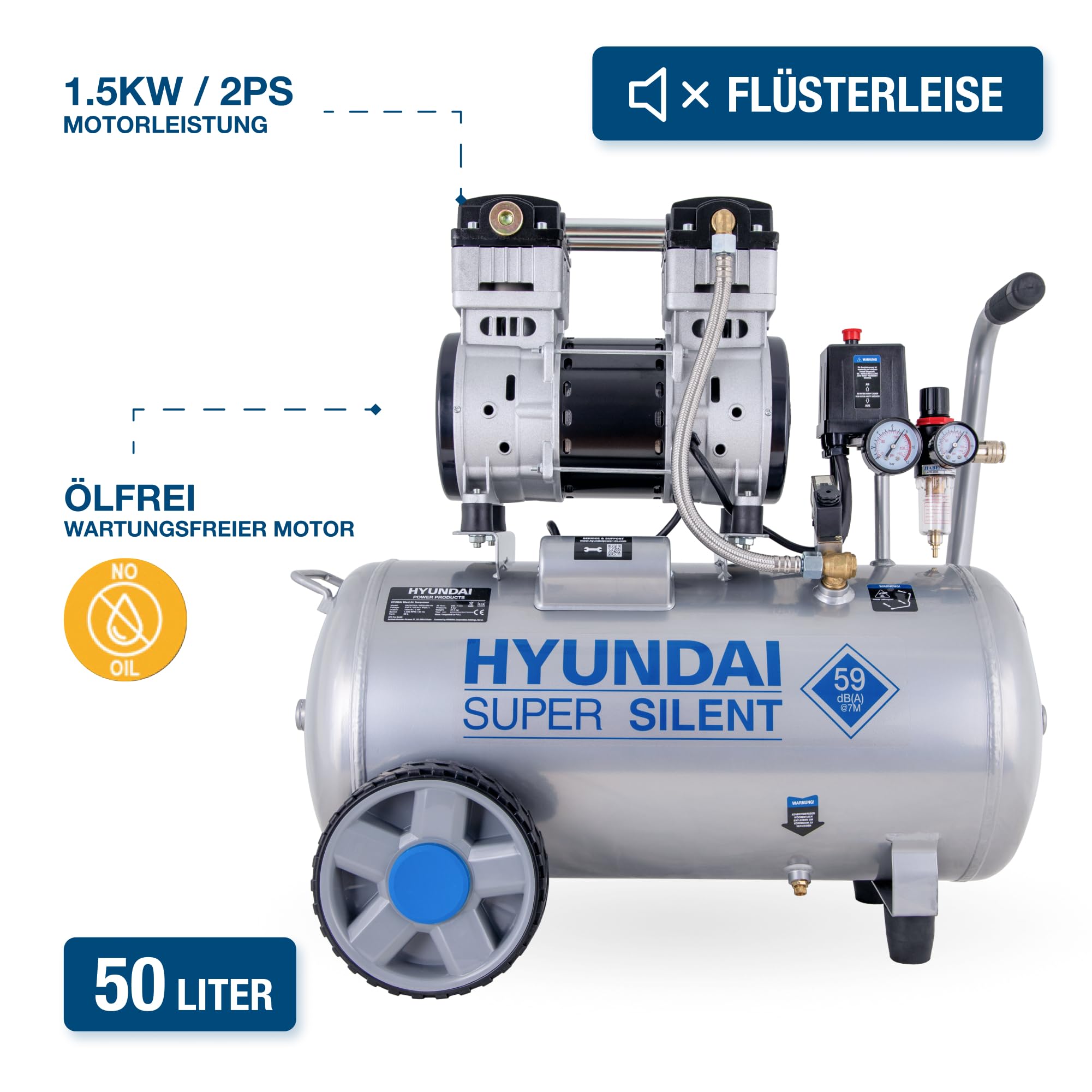 HYUNDAI Silent Kompressor SAC55753 | 50L Kessel, 8bar, ölfrei | 1.5kW / 2.0PS | Ansaugleistung 232 L/Min | Öl-Wasserabscheider | 59dB Luftkompressor leise, Flüster-Kompressor