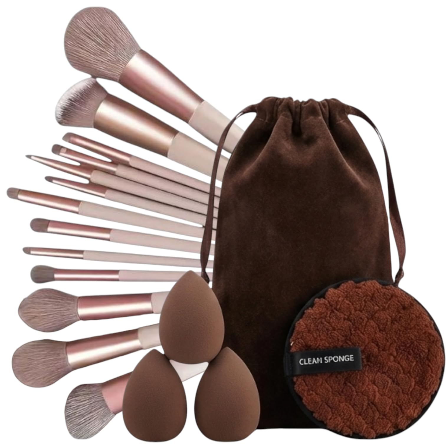 17Pc Makeup Kit Set – Premium 13-Piece Makeup Brush Set with 3 Beauty Blenders & 1 Color-Removal Sponge – Soft Synthetic Bristles, Rose Gold & Cream Design with Velvet Travel Pouch – Complete Professional Beauty Tools (Coffee Edition)