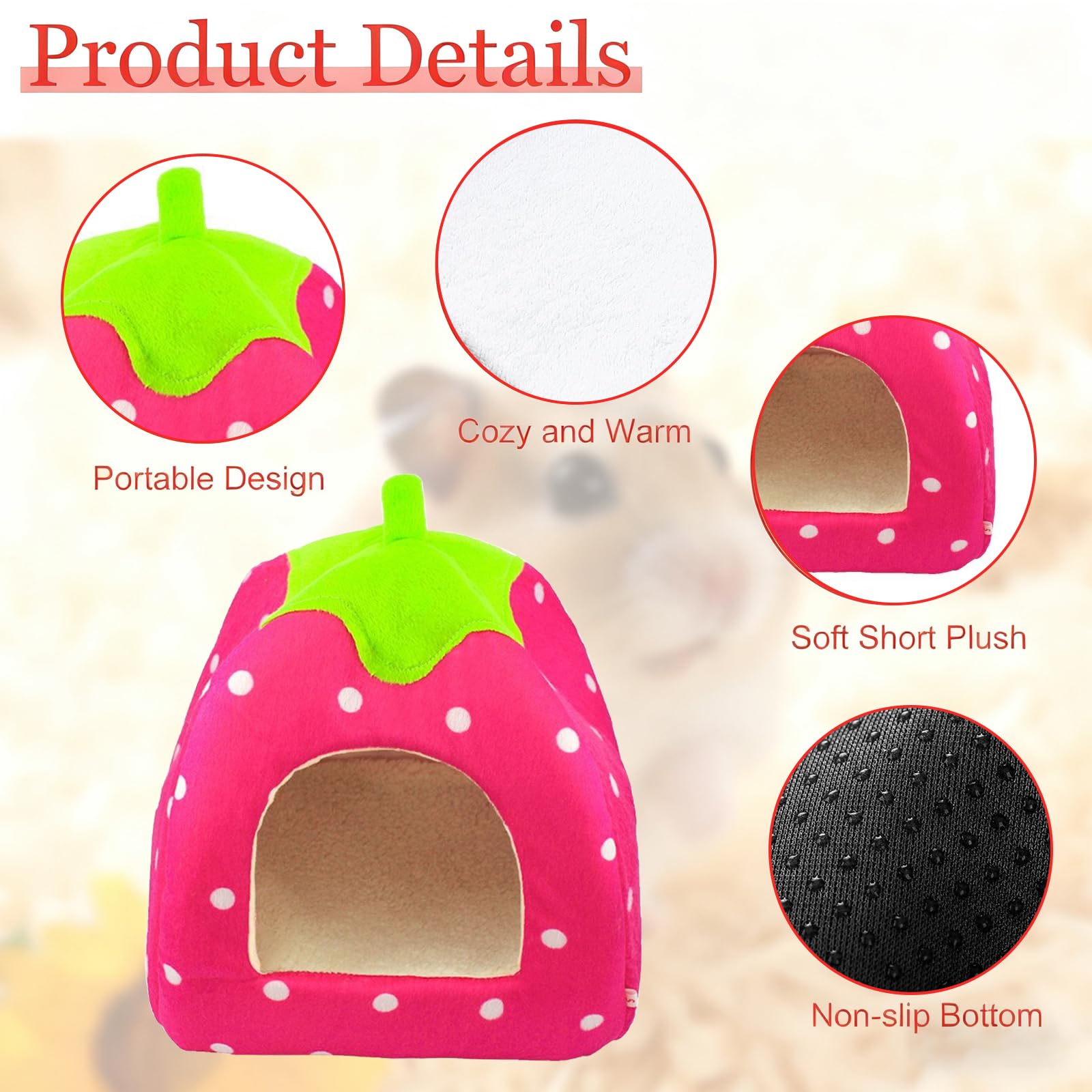 Guinea Pig Bed, 1Pcs Guinea Pig House, Non Slip Strawberry Hedgehog House with Removable Pad - Image 3