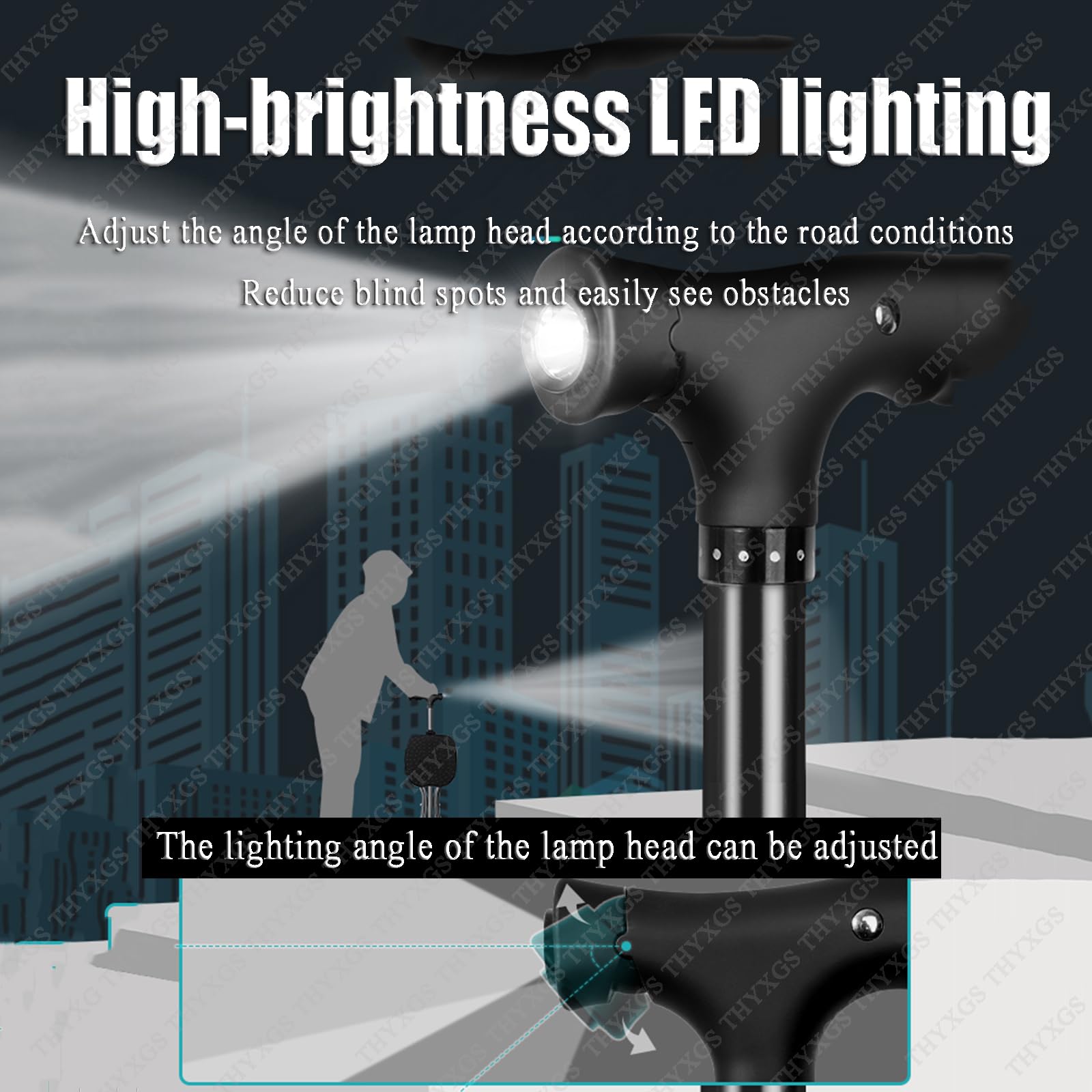 Bastón con asiento plegable con ajuste de altura y asas magnéticas de masaje, silla portátil con luz LED para senderismo y camping