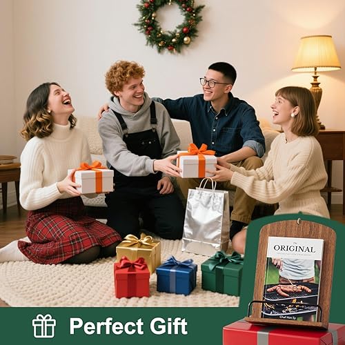 Miniatura 8 de Soporte de madera para encimera de cocina, soporte para libros de cocina marrón rústico que se adapta a exhibición colgante o de encimera, soporte