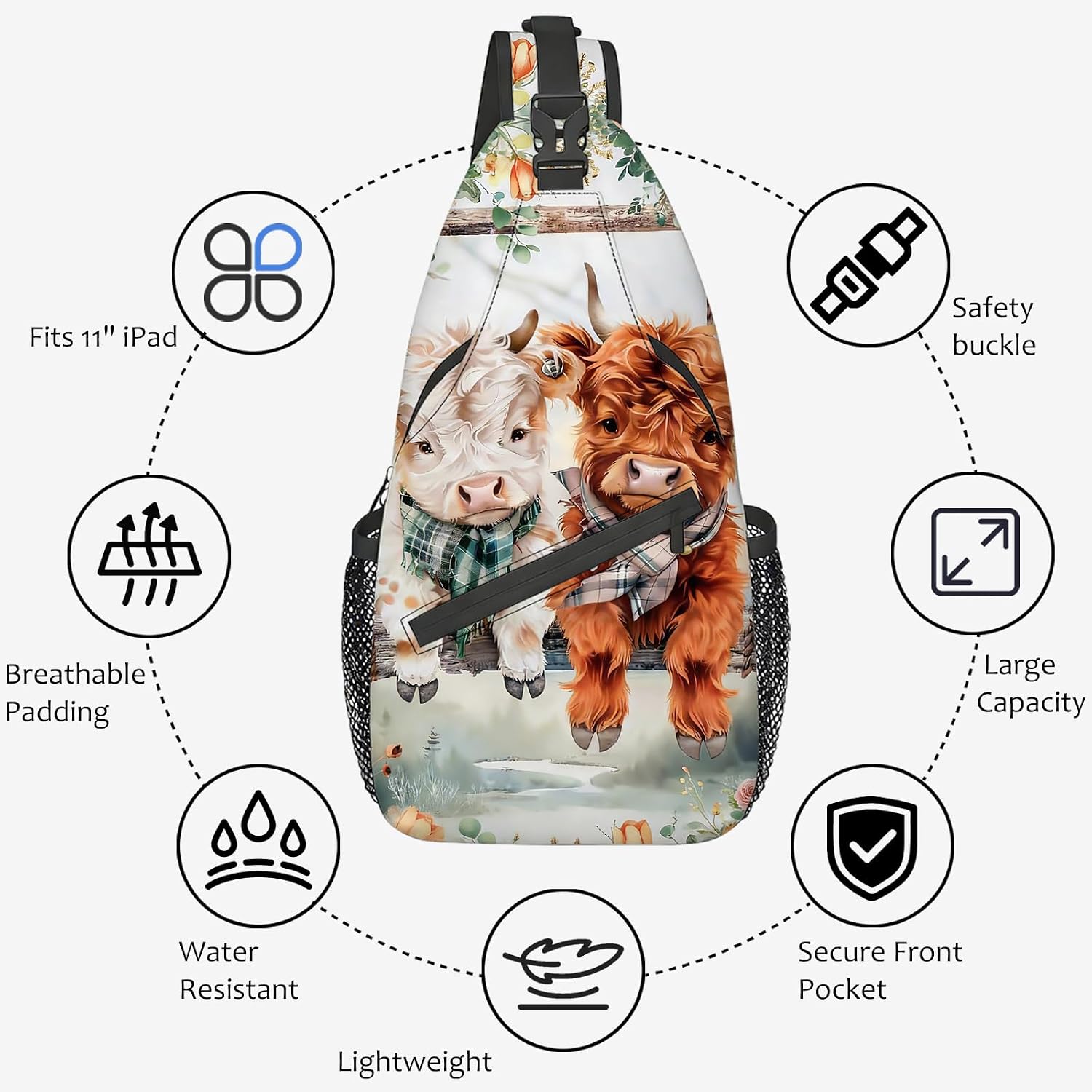 Sling Bag for Women Men, Cute Highland Cows Small Crossbody Sling Backpack Chest Shoulder Bag for Travel Hiking Gym Cycling Casual Daypack, Adjustable Waterproof Bag image 5