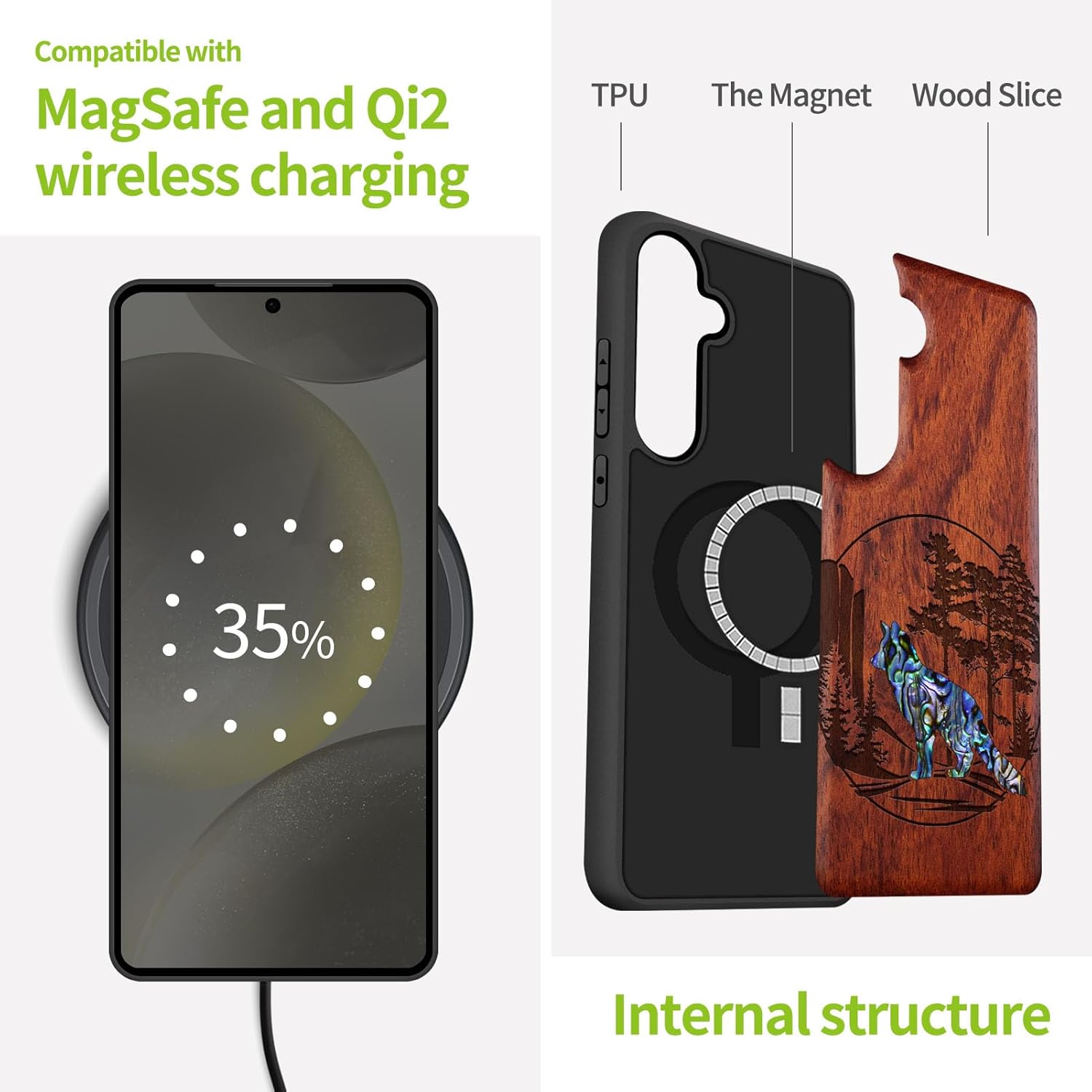 Carveit Magnetic Wooden Case for Samsung Galaxy S25 Case, Wood Artisan Engraved & Handmade Shell Inlaid, Compatible with MagSafe Wireless Chargers (Fox and Woods) Rosy