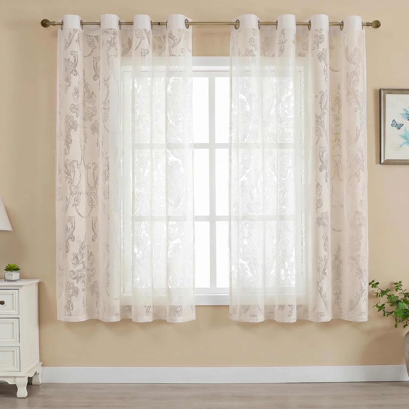 Gazal Vole Halbtransparente Jacquard Gardinen mit Blumenmuster – Voile Ösenschal Vorhänge im Vintage Landhausstil für Wohnzimmer & Schlafzimmer