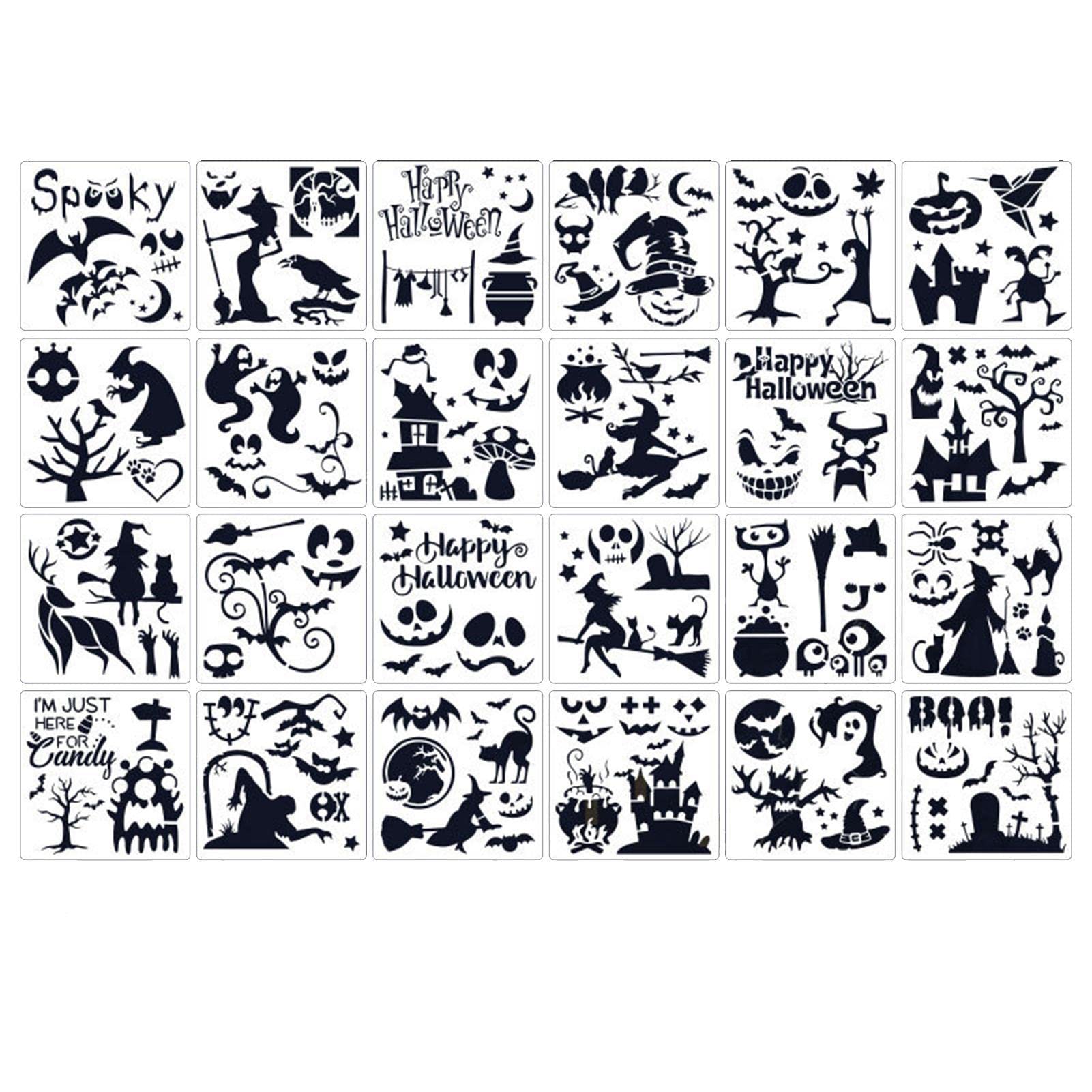 JINGLING 5 stencil per pittura di Halloween su legno | 24 stencil da disegno a tema Halloween per dipingere su legno | Modelli di disegno di Halloween riutilizzabili decorativi