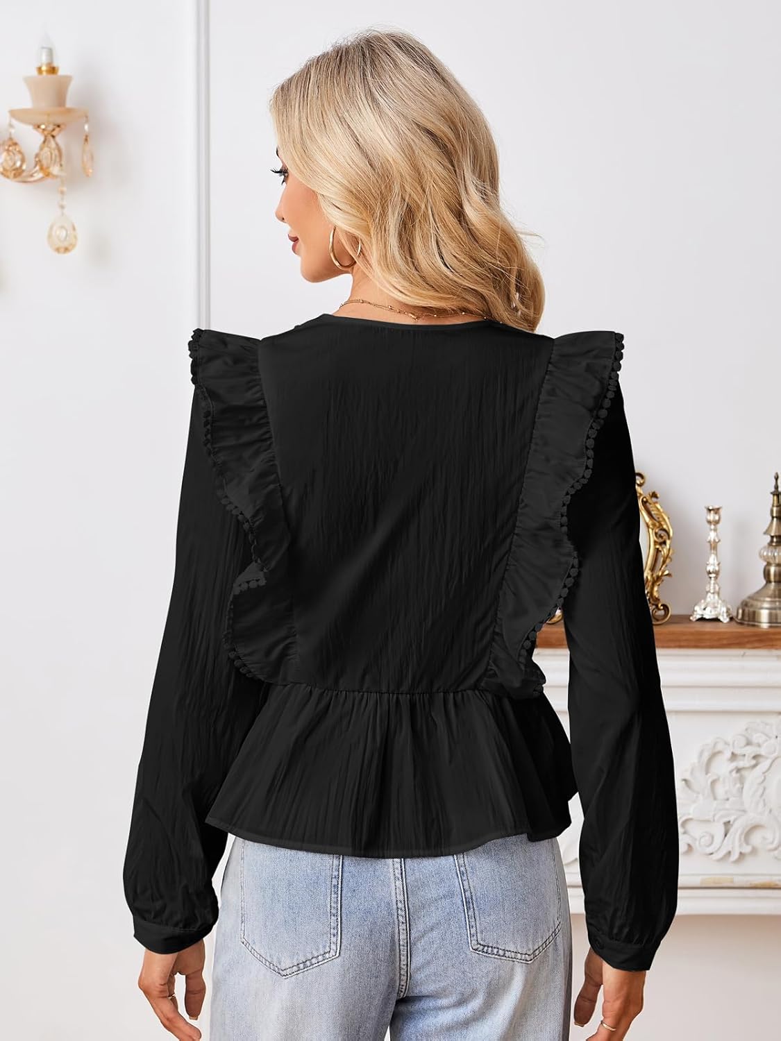 Button Down Shirts for Women Pleated Dress Shirts Wrinkle Free Long Sleeve Casual Outfits Tops V-Neck Blouses - Image 2