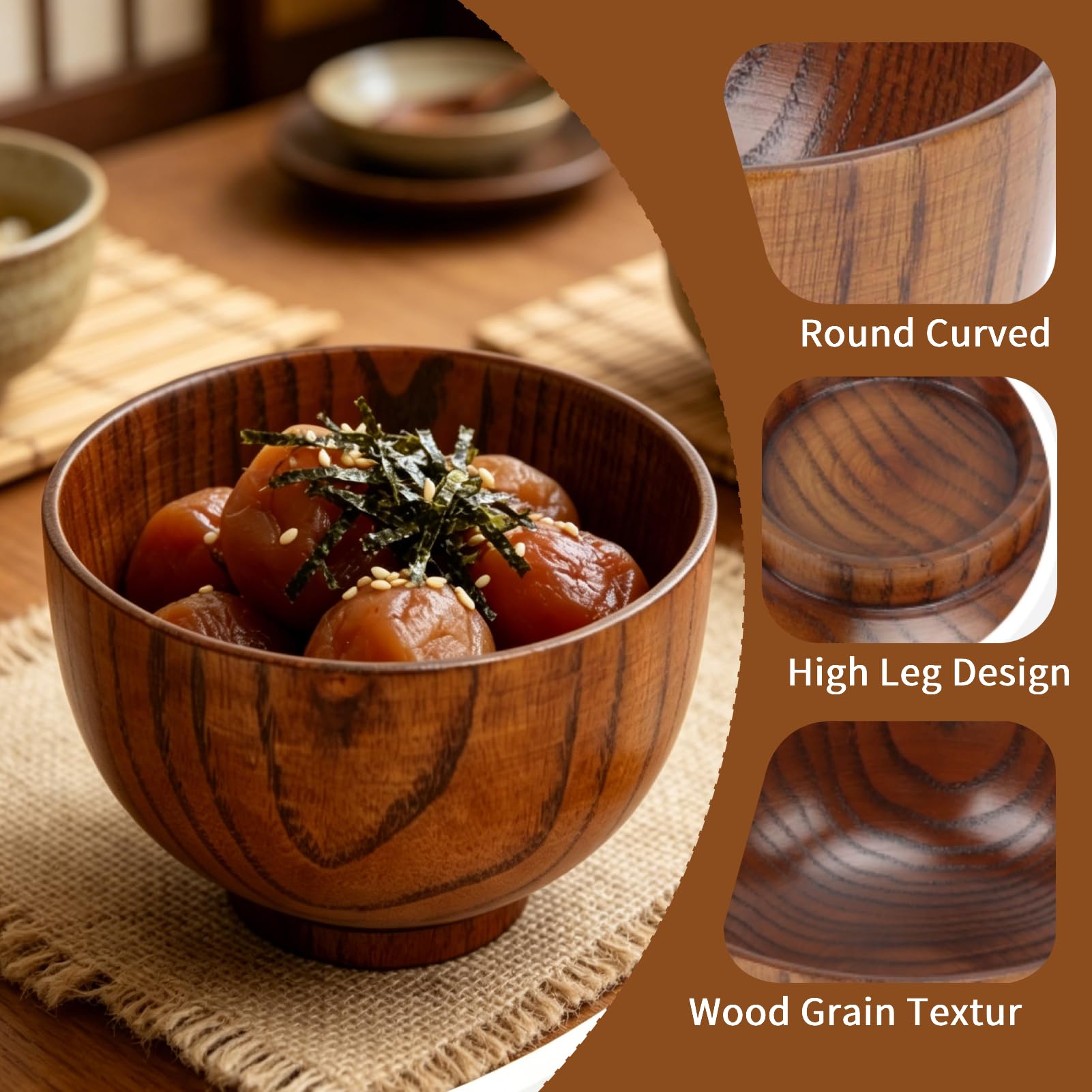 2 cuencos de madera hechos a mano, cuenco japonés de madera para fideos, arroz, sopa, ensalada, postre, aperitivos, café, té, servir vajilla para el hogar y restaurante
