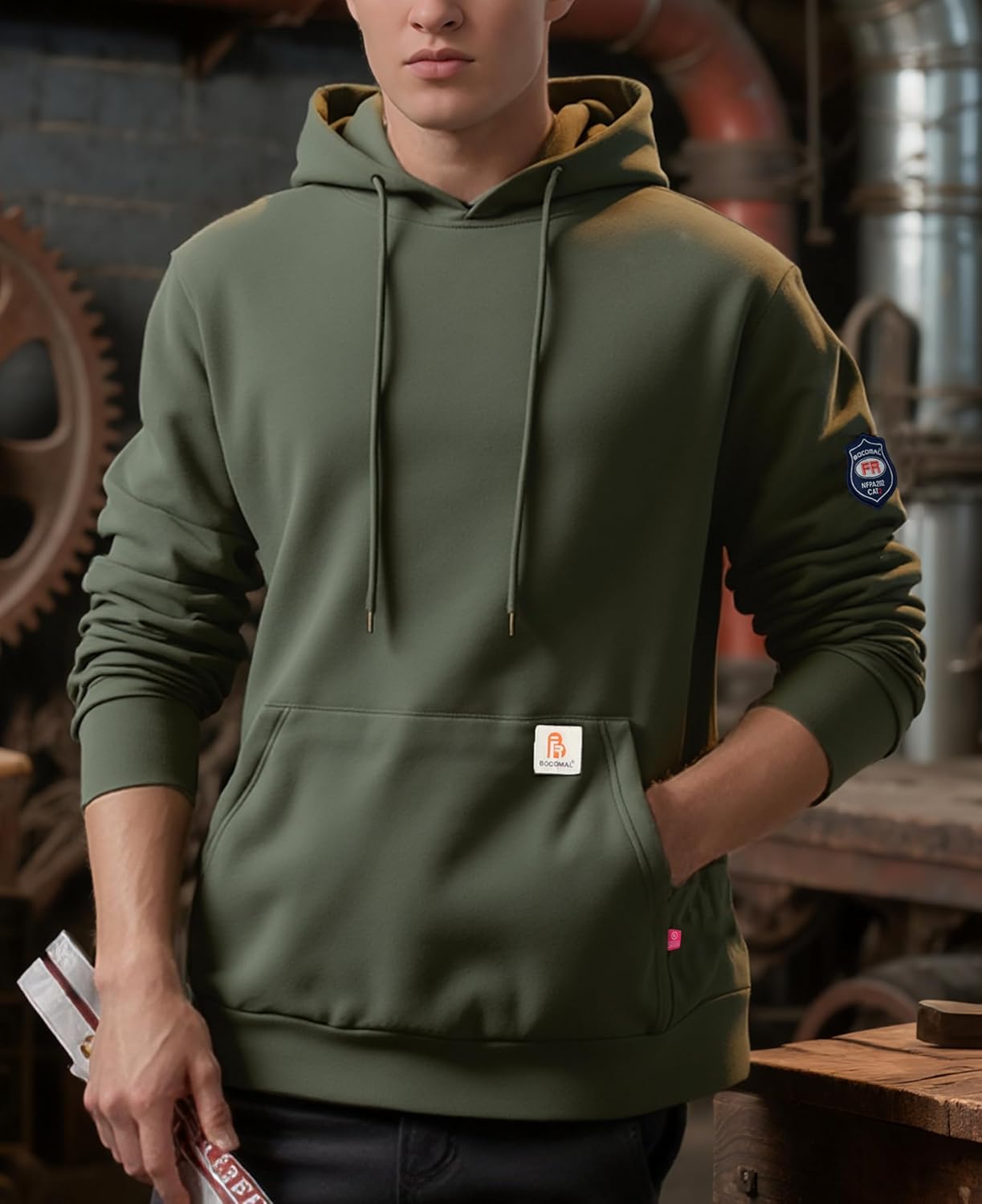 BOCOMAL FR Hoodies Pullover 10.5oz Cotton Fleece Flame Resistant Hooded Sweatshirts - Image 2