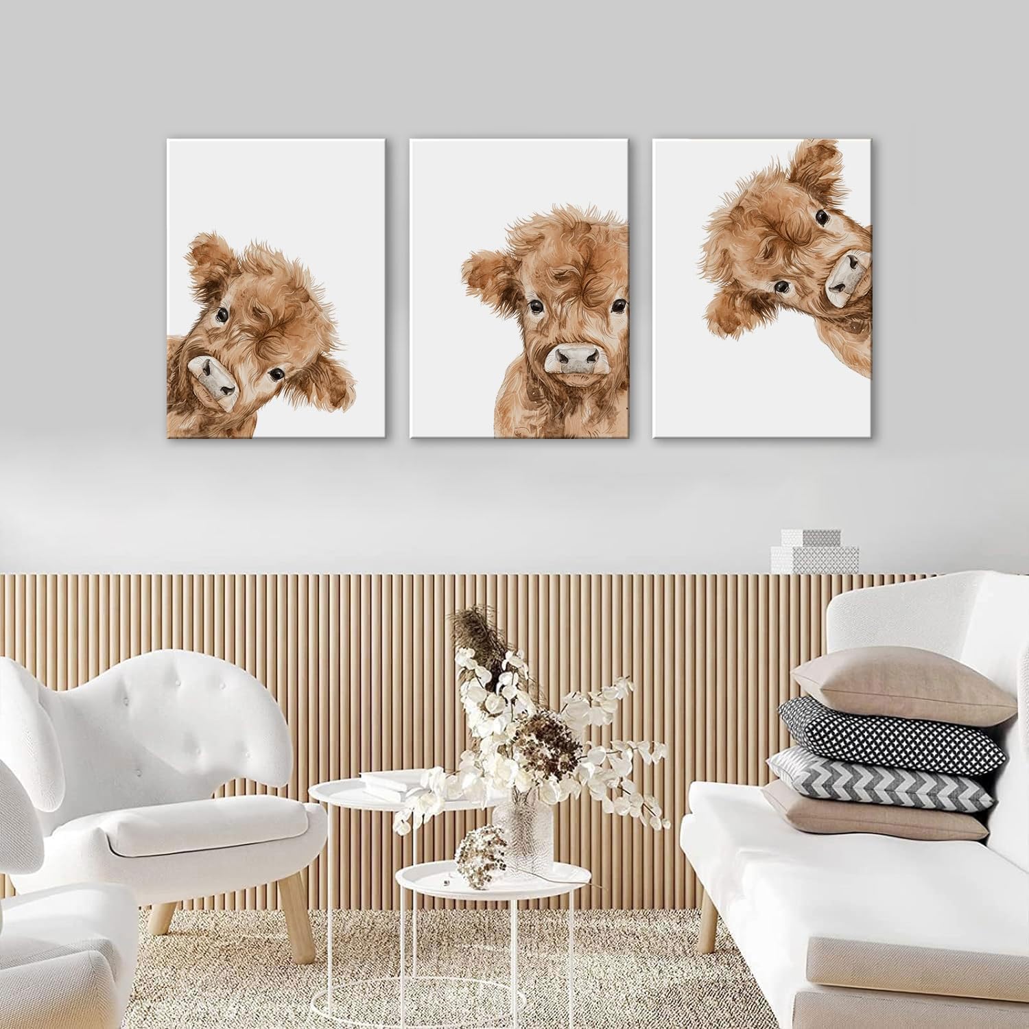 AOYUSMO 3 Piece Cute Highland Cow Canvas Wall Art Nursery Funny Animal Framed Wall Art Baby Cow Pictures Wall Decor Kids Animals Art Prints for Children's Room Bedroom 16"x24"