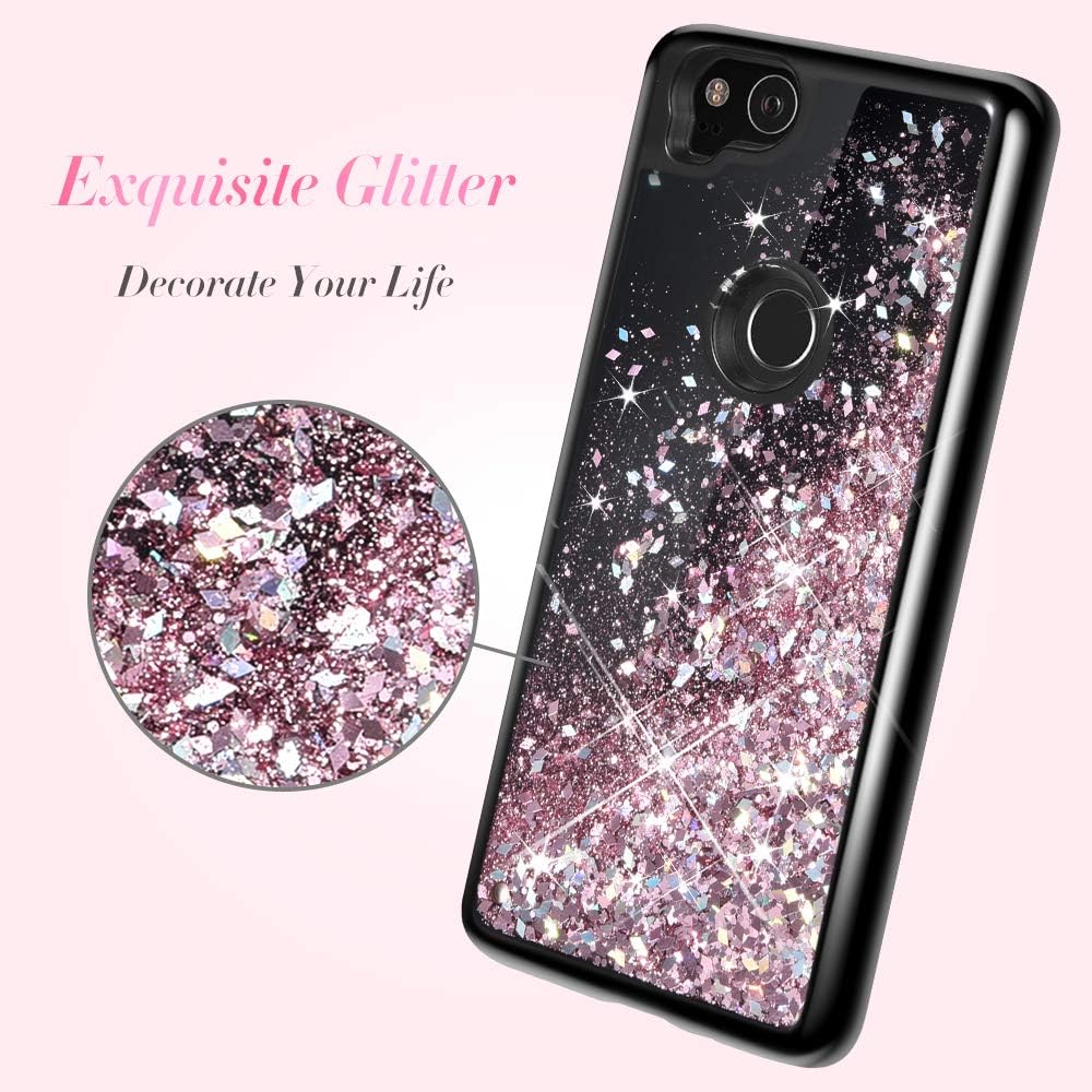 Caka Google Pixel 2 Case, Google Pixel 2 Glitter Case Starry Night Series Luxury Fashion Bling Flowing Liquid Floating Sparkle Glitter Girly Soft TPU Black Case for Google Pixel 2 (Rose Gold)