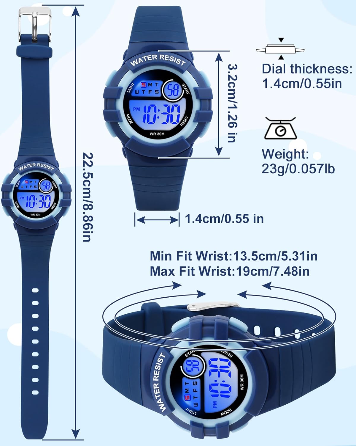 Juboos Kids Digital Watch showing detailed dimensions including dial size, case thickness, strap length, bandwidth, and weight.