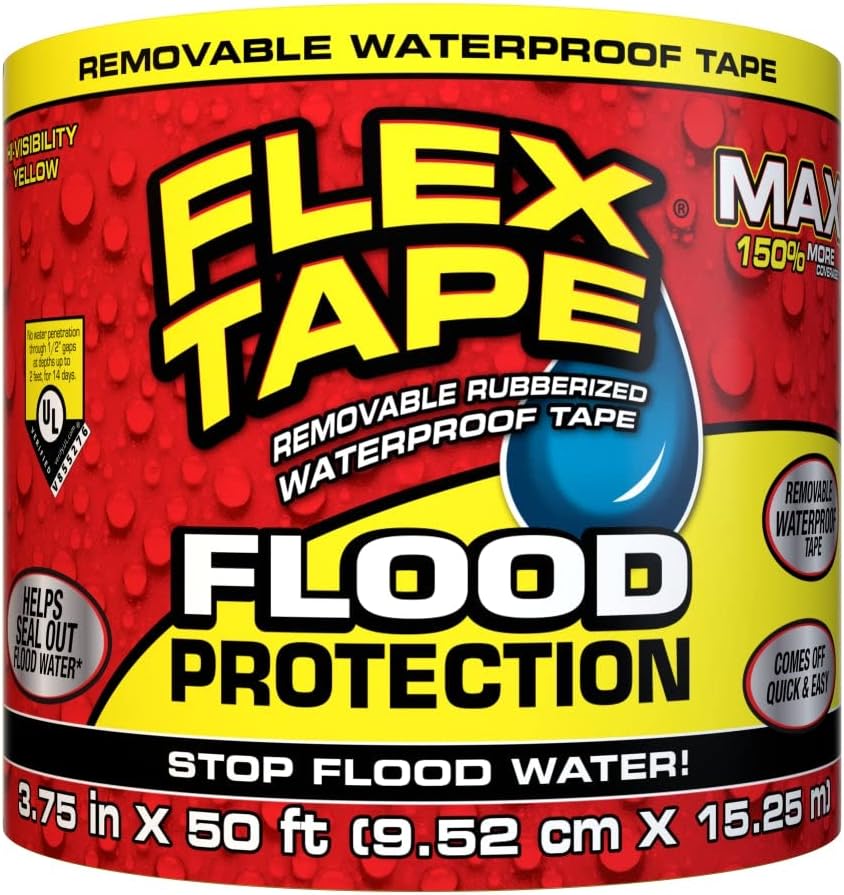 Flex Tape Flood Protection, 3.75 in x 50 ft, MAX, Waterproof Rubberized Tape, Removable, Use on Windows, Doors, Garage Doors, Casings, Thresholds, Conduits, Vents, Ducts