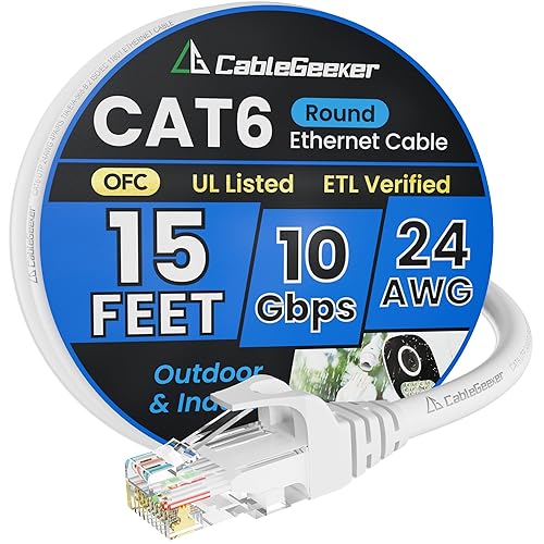 Miniatura 36 de Cable Ethernet Cat 6 de 30 pies, para interiores y exteriores, cable de red plano de Internet de alta velocidad de 10 Gbps, cable de conexión Blanco