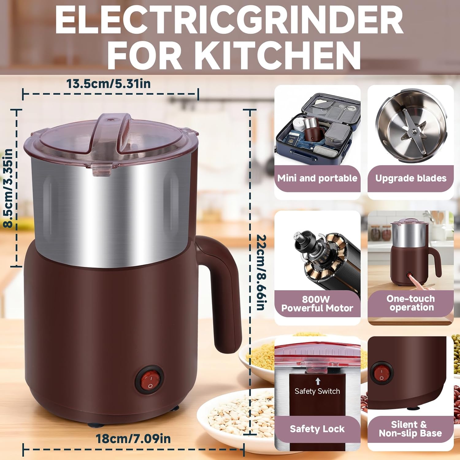 Electric Spice Grinder - 800W Versatile Grain Dry Grinder for Kitchen, Safety and Overheating Dual Protection, Suitable for Grinding Spices, Coffee, Herb, Grain (Coffee)