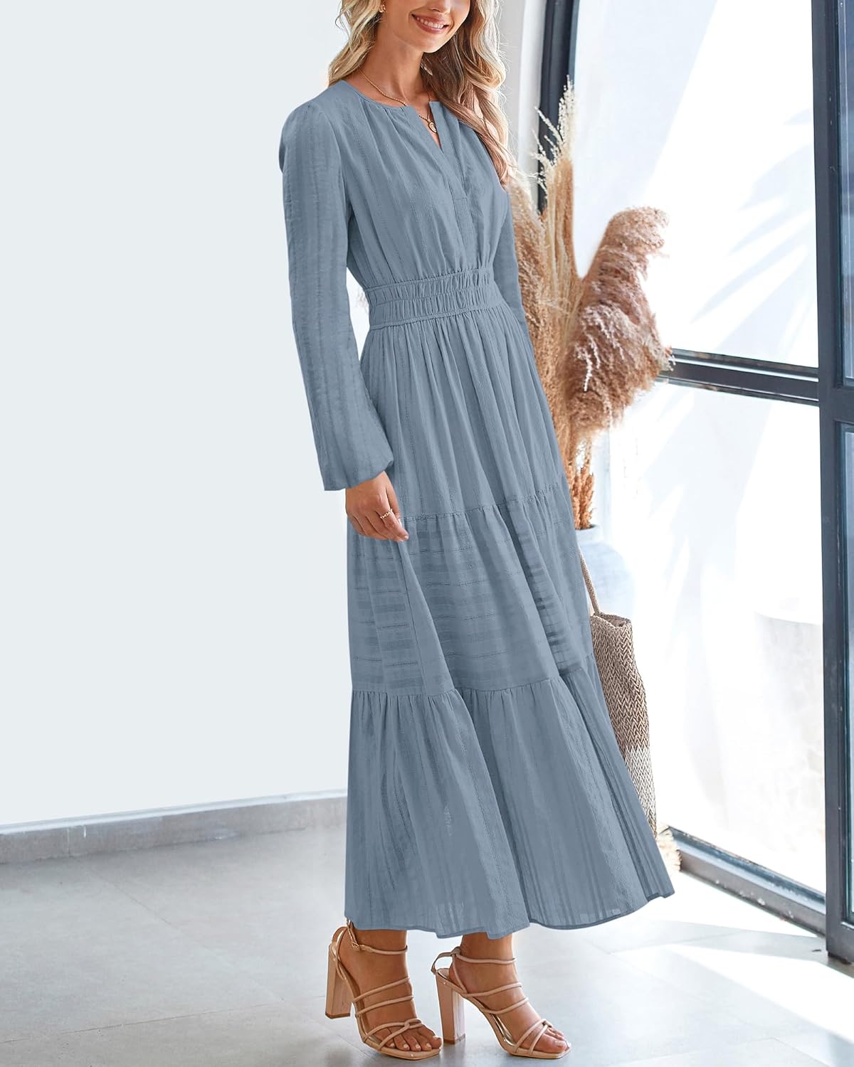BTFBM Spring Dresses for Women 2026 Casual Long Sleeve V Neck Elastic Waist Lightweight Maxi Wedding Guest Dress Pockets - Image 7