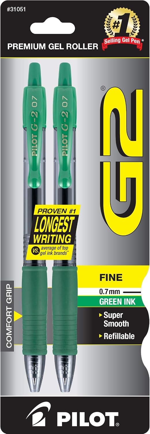 PILOT G2 Premium Refillable & Retractable Rolling Ball Gel Pens, Fine Point, Green Ink, 2-Pack (31051)