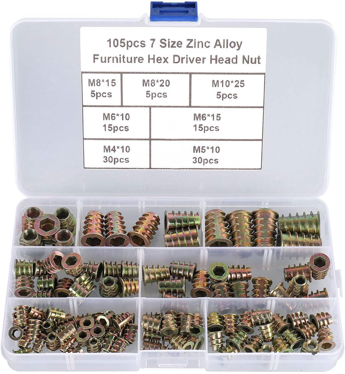 FandWay 105pcs Zinc Alloy Hex Socket Screw Inserts Threaded Insert Nuts Assortment Tool Kit Furniture Bolt Fastener Connector for Wood Furniture (7 Size M4/M5/M6/M8/M10)