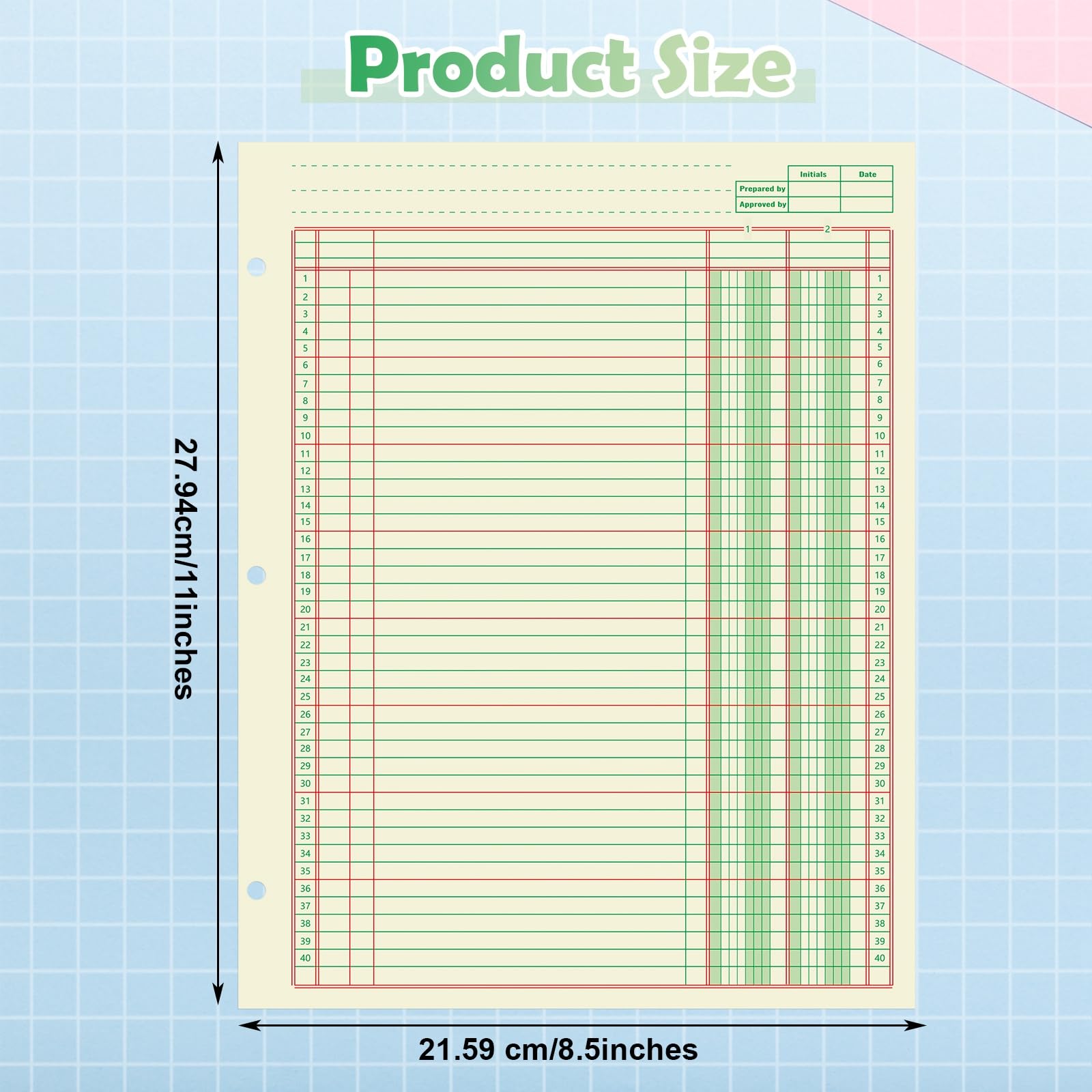 Fulmoon Lot de 5 blocs de 250 feuilles de papier de comptabilité colonnaire à 3 trous pour entreprise, 50 feuilles/paquet, format une page, vert (2 colonnes, 21,6 x 27,9 cm)