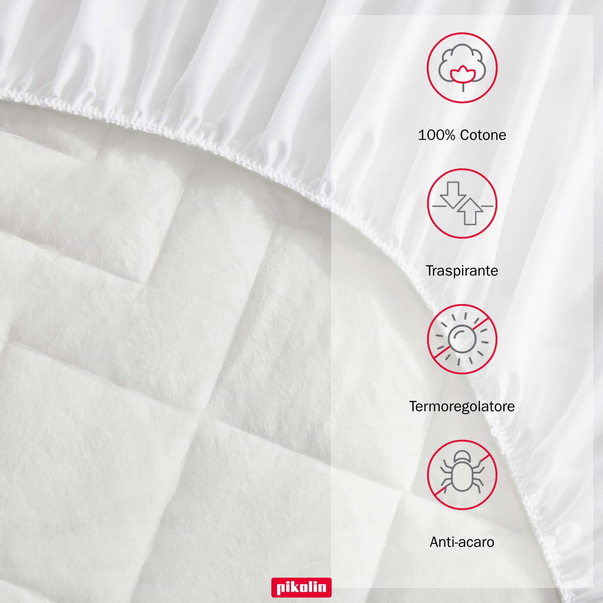 PIKOLIN - Coprimaterasso Matrimoniale Ipoallergenico in Cotone 100% | Traspirante e Confortevole | Tripla Barriera contro Acari e Batteri | Faldone Elastico 32 cm per un Riposo Ottimale | 150x196 cm