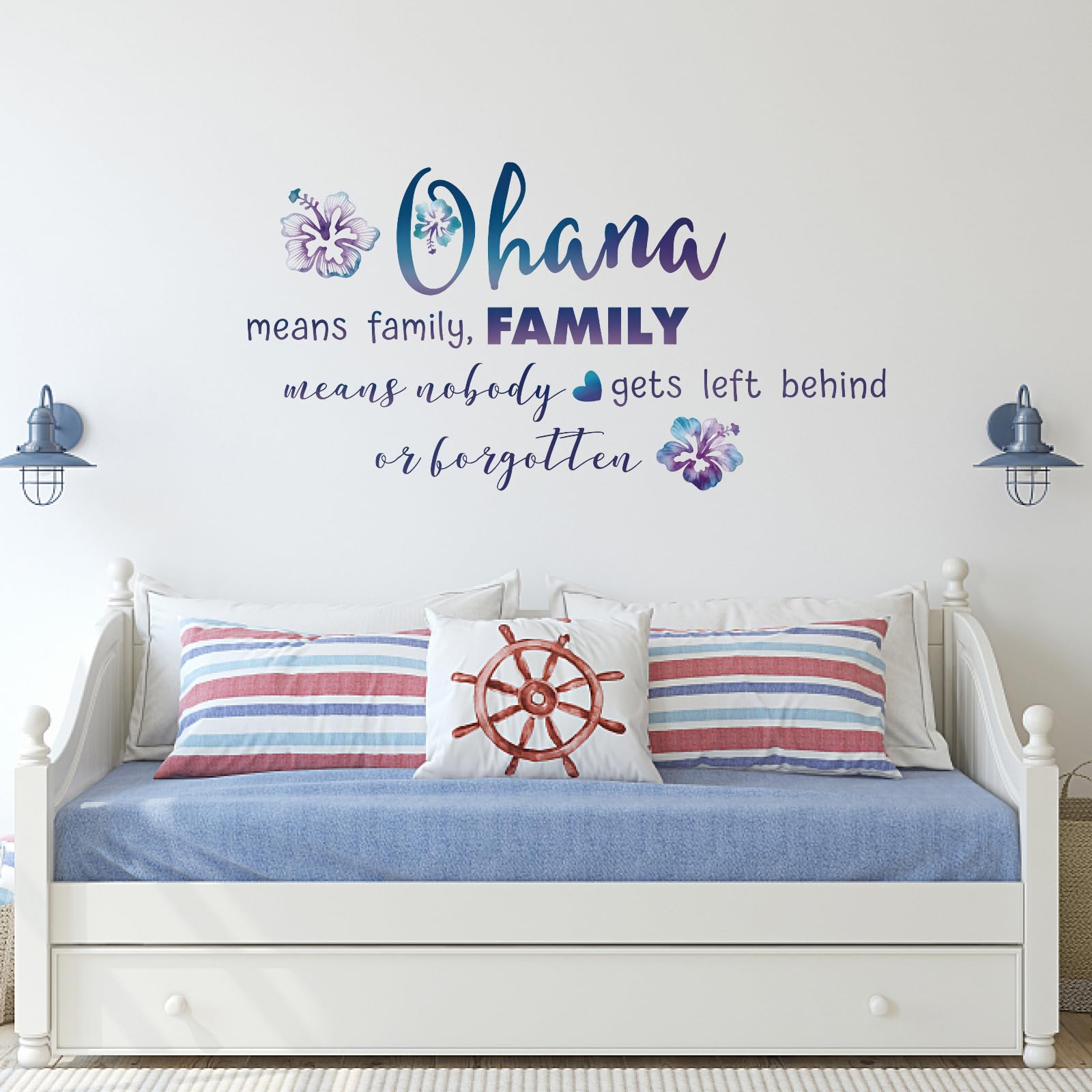 PLIGREAT Ohana Means Family Quotes Wall Stickers Removable Peel and Stick Blue Hibiscus Decals for Living Room Bedroom Sofa TV Background Hallway Photo Wall Decor Home Indoor DIY Art Decor