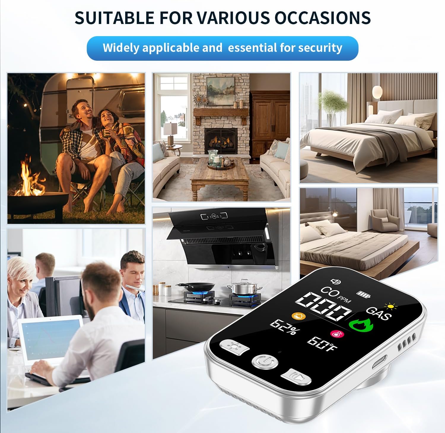 Gedsffati HD12-CG detector in various settings like home, hotel, and travel