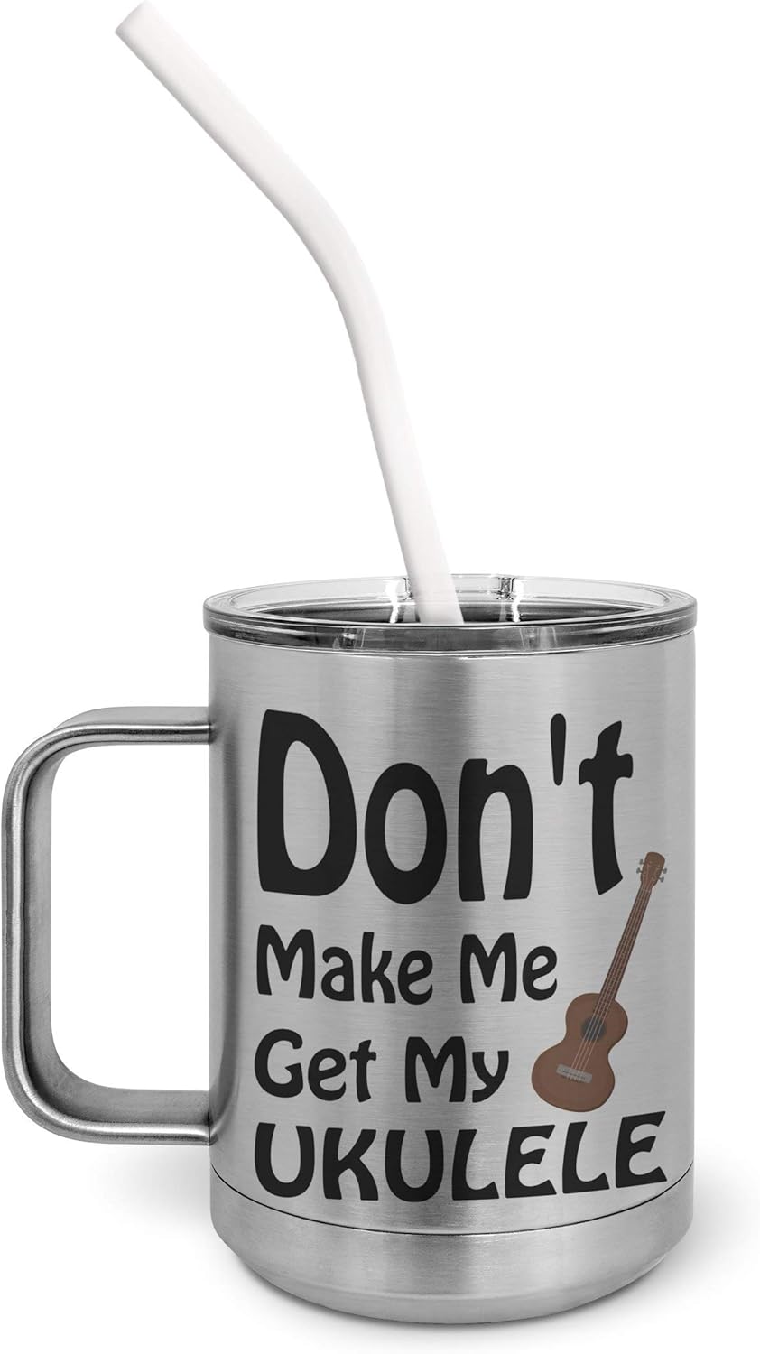 PixiDoodle Music Lover's Musician Ukulele Tumbler with Spill-Resistant Slider Lid and Silicone Straw (20 oz Tall Tumbler, Silver)