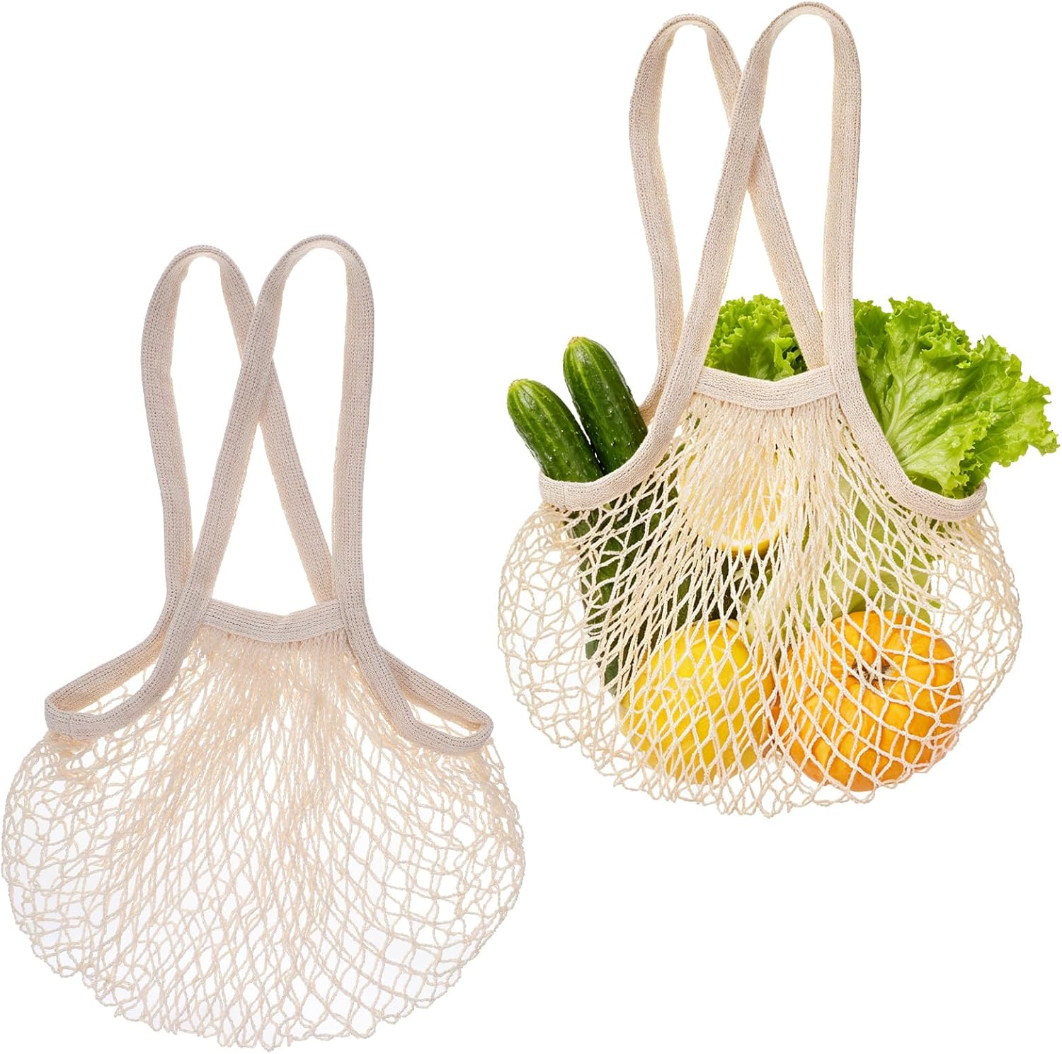 2 Pack Reusable Cotton Mesh Grocery Bags, Reusable Grocery Fruit Food Bags | Cotton Mesh Produce Bag with Long Handle, Net Tote Bag for Fruit Vegetables Farmers Market Shopping