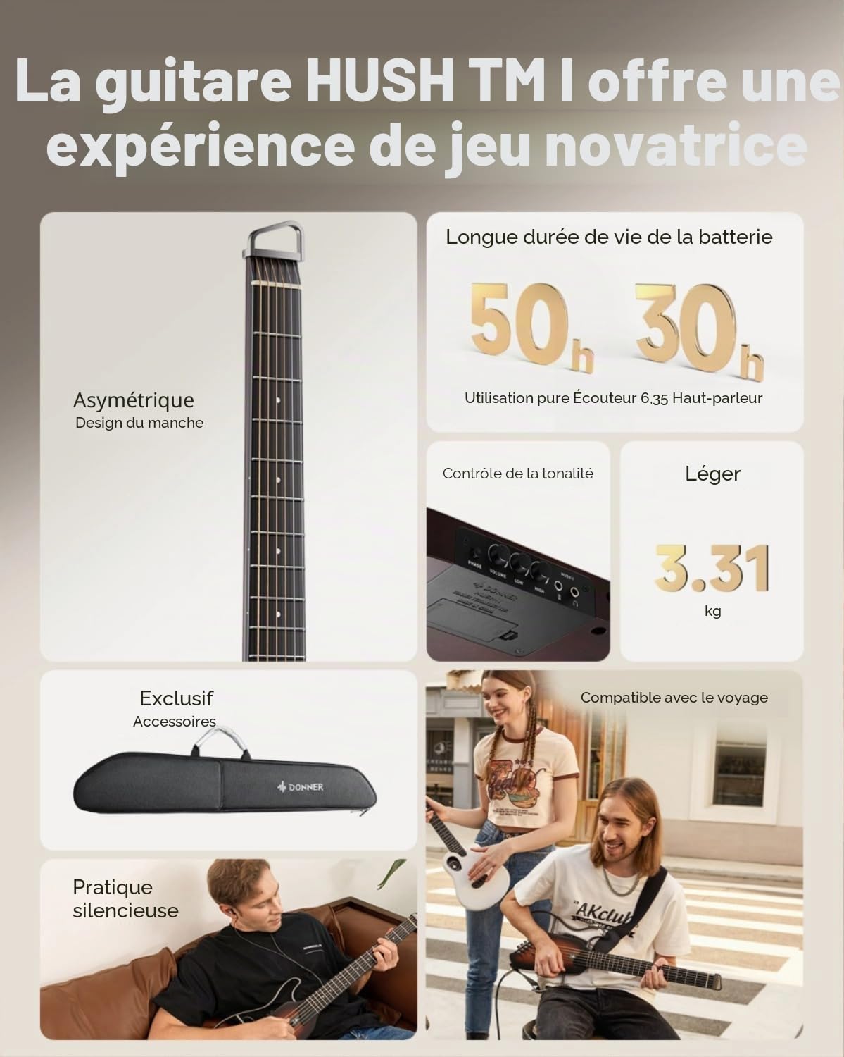 Donner HUSH-I Guitare de voyage – Guitare acoustique-électrique portable ultra légère et silencieuse sans tête, corps en acajou avec cadres amovibles, sac de transport et accessoires, naturel