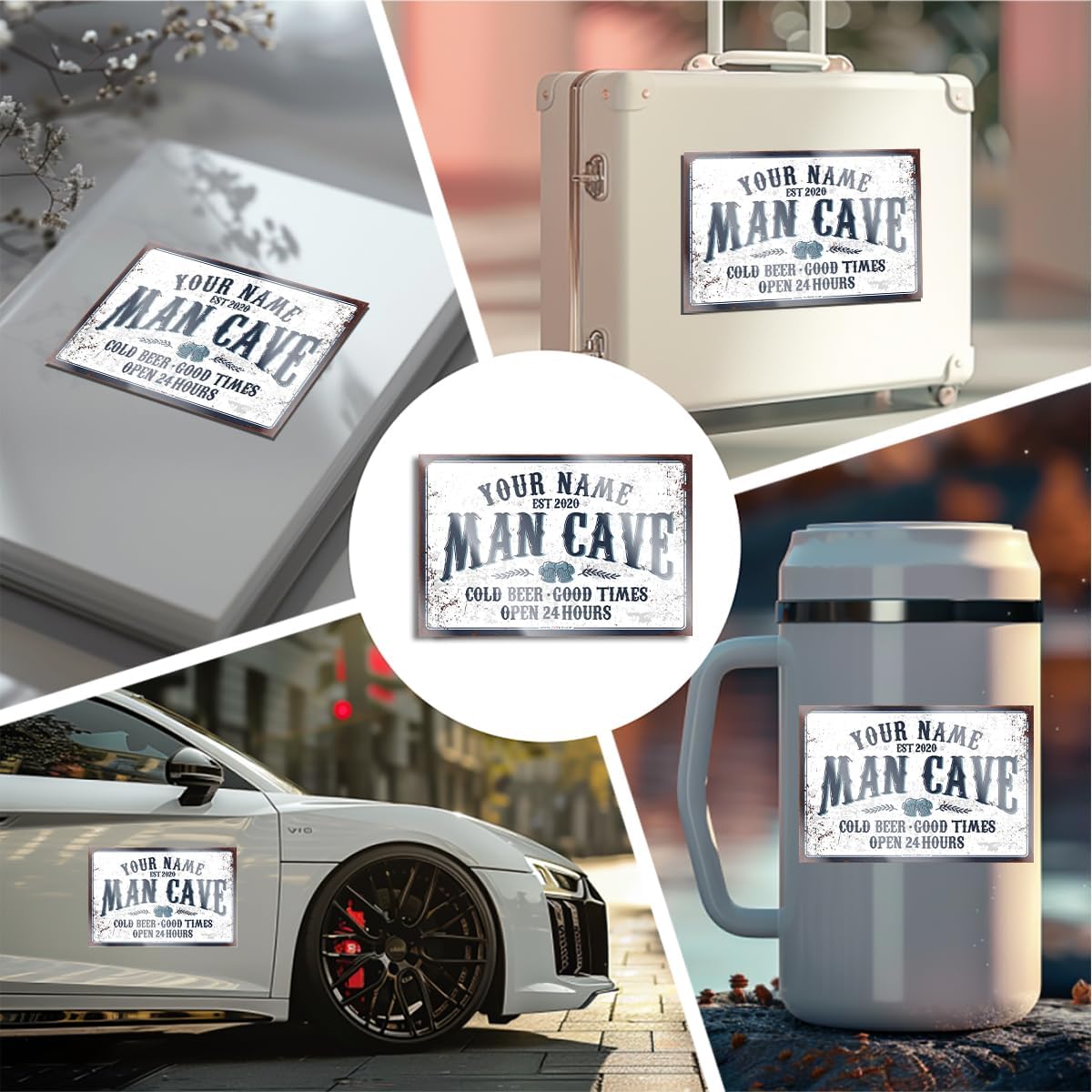 Custom Man Cave Sticker 3x5in– Personalized Name Vinyl Decal – Rustic Vintage Design for Laptop, Water Bottle, Toolbox – Great Gift for Dad, Husband, Grandpa, DIYer