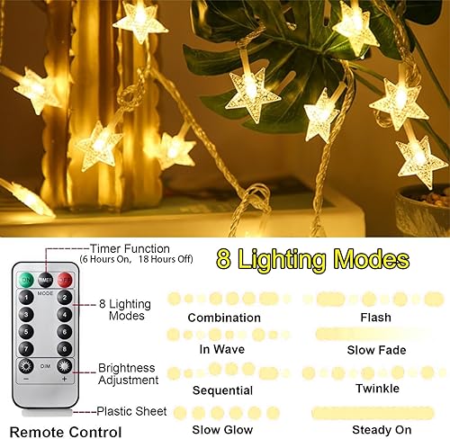 Miniatura 3 de Guirnalda de luces de estrella de Navidad, 20 pies, 40 LED, funciona con pilas, 8 modos de temporizador, luces blancas cálidas, luces parpadeantes,