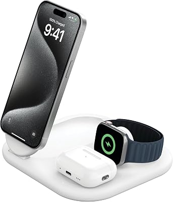 MagSafe Qi2 Wireless Charger | 3-in-1 Magnetic Foldable Charger with 15W | Fast Charger for iPhone 16, 15, Apple Watch, AirPods with Non-Slip Base | PSU Included | 36W Charger Included | White