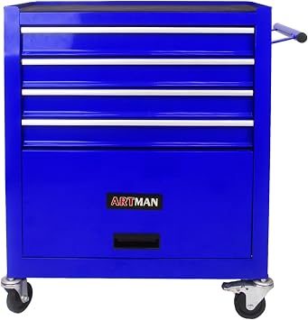 4-Drawer Tool Cart on Wheels, Drawers Rolling Tool Chest with 1 Cabinet, Mobile Trolley Organizer Tools Box with Locking Wheels & Ball Bearing Drawers for Garage,Warehouse,Repair Shop Blue