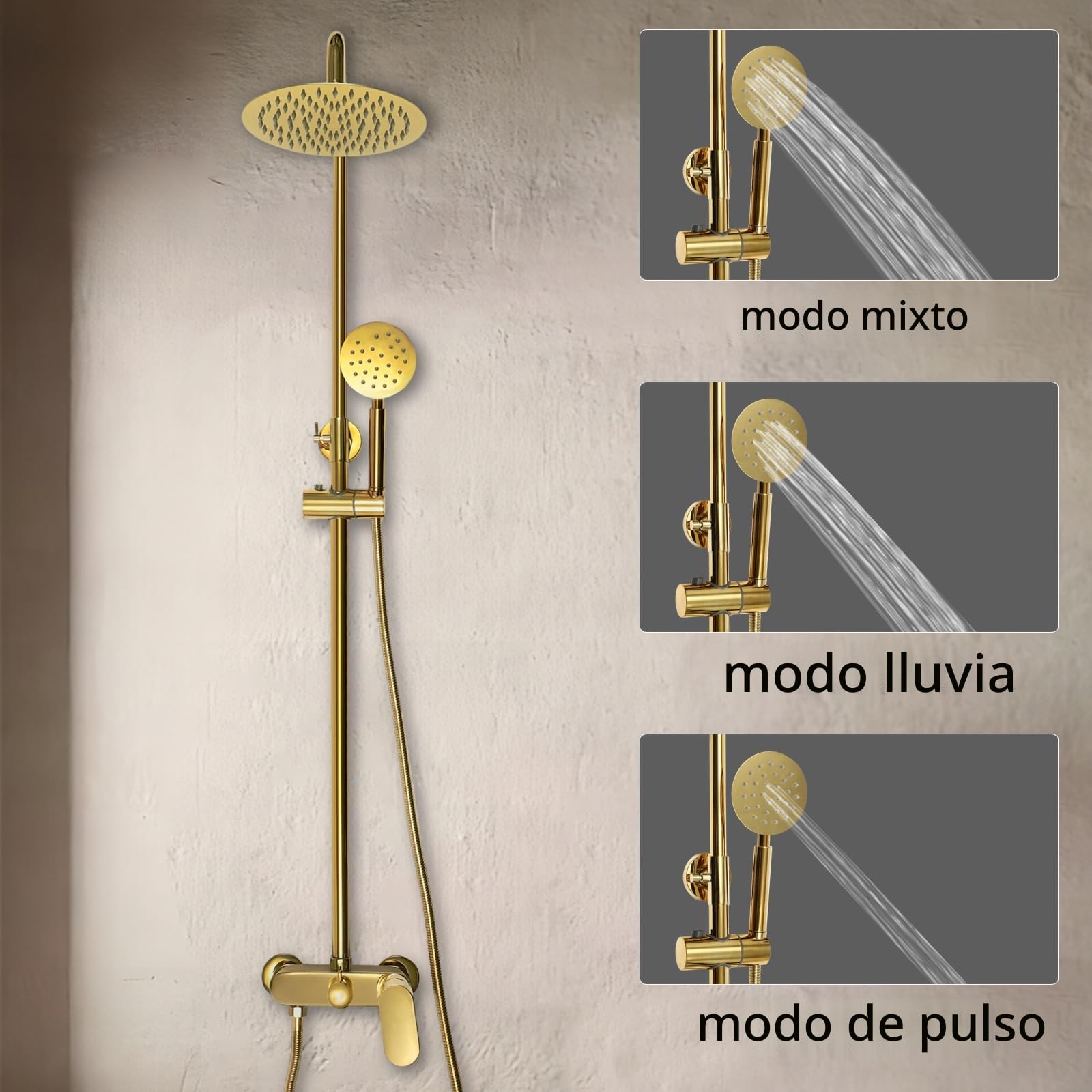 Conjunto Ducha con Grifo Termostatico Sistema de Ducha de Lluvia Columna Barra Altura Ajustable 81-113,5 cm Dorado