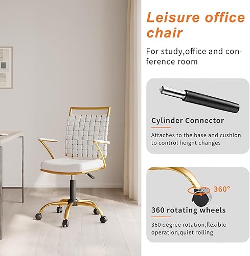 Miniatura 3 de Silla ergonómica moderna de cuero blanco y dorado para oficina y escritorio para niños con soporte lumbar, ruedas y brazos, ideal para uso doméstico